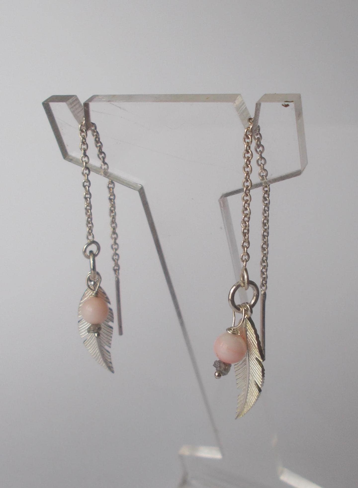Pale Coral Sterling Silver Threader Earrings: Handmade Feather Dangle