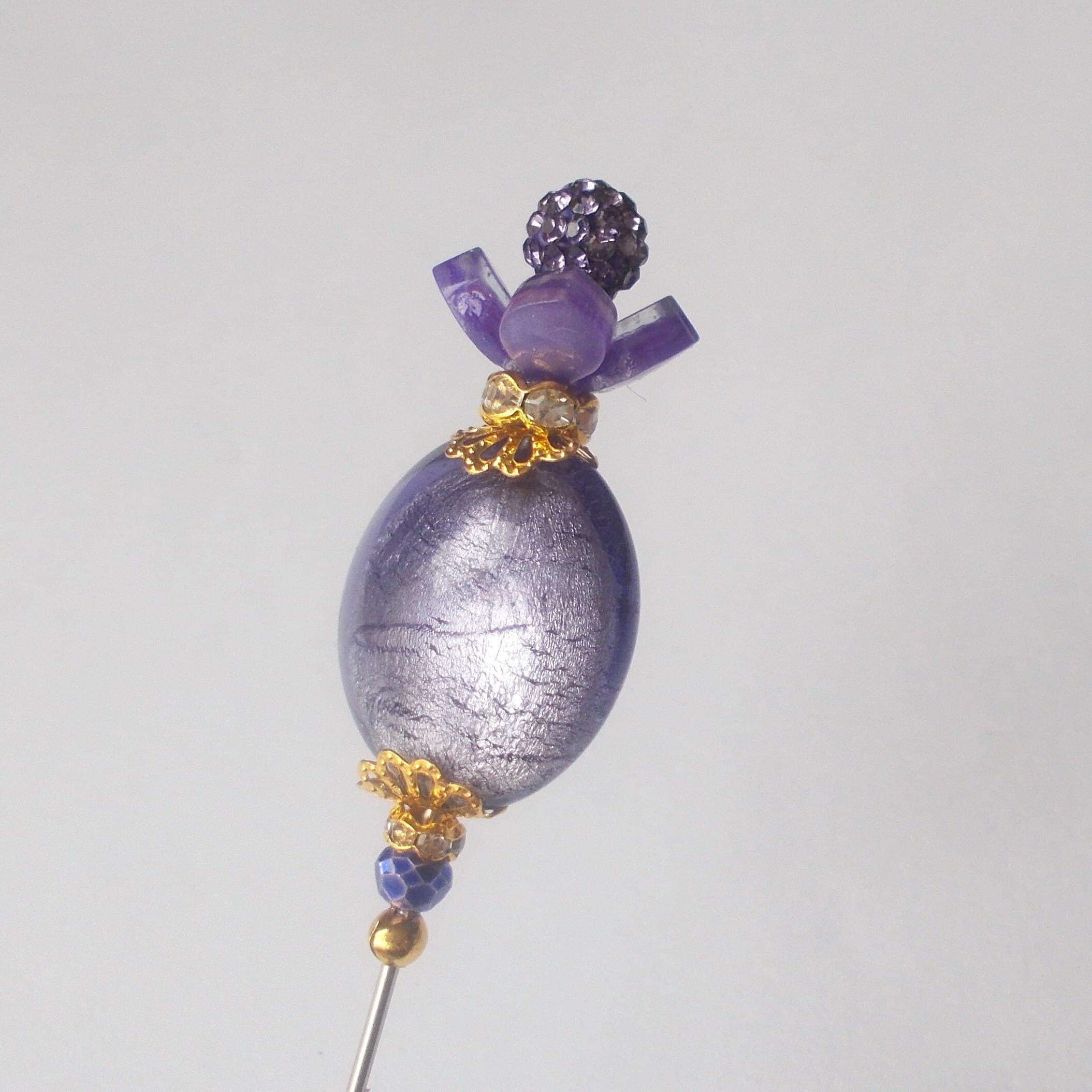 Lilac Foil Glass Hatpin: Handmade Rhinestone Bead, Gold Tone - 6.25"