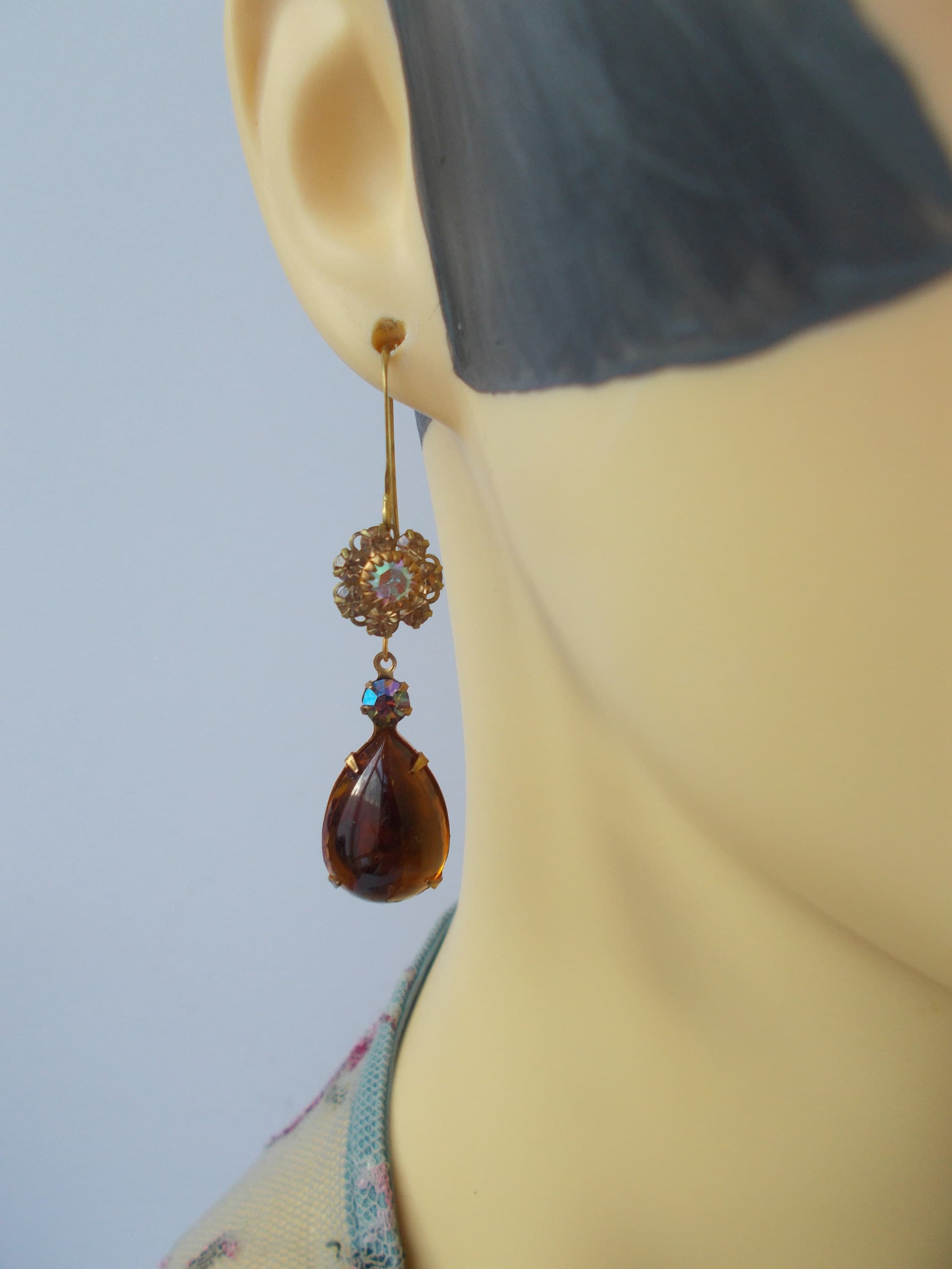 Vintage Faux Tortoise Glass Earrings: Brass Rhinestone Dangle