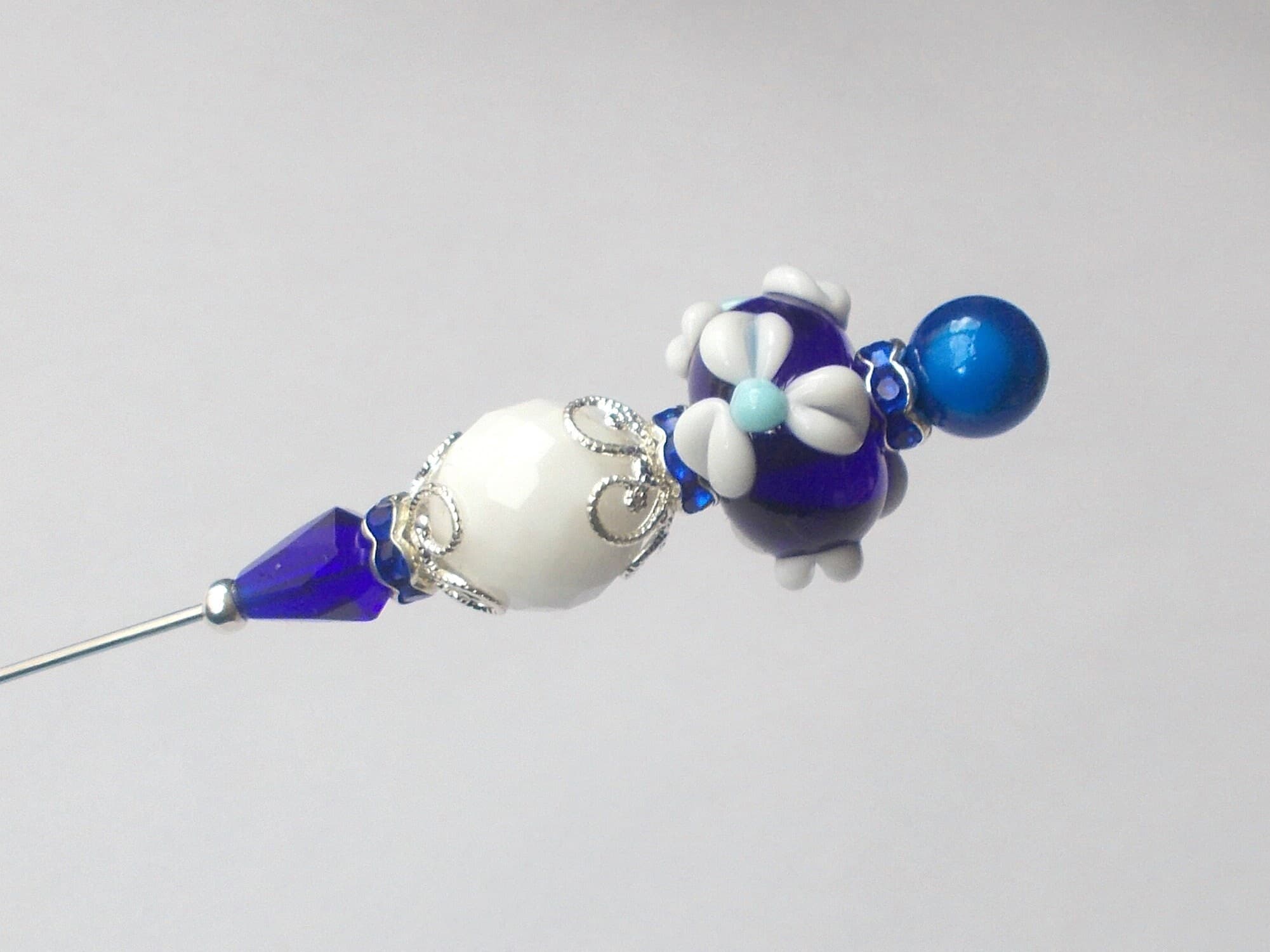 Handmade Cobalt Blue Glass Bead Hatpin - Silver Tone - 7.25 Inch