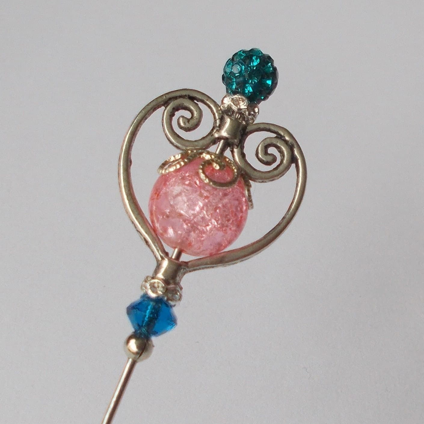 Handmade Hatpin: Silver Heart, Blue & Peach Glass Beads - image 5