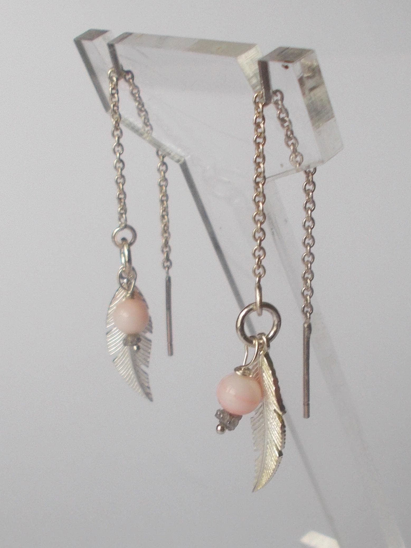 Pale Coral Sterling Silver Threader Earrings: Handmade Feather Dangle - image 5