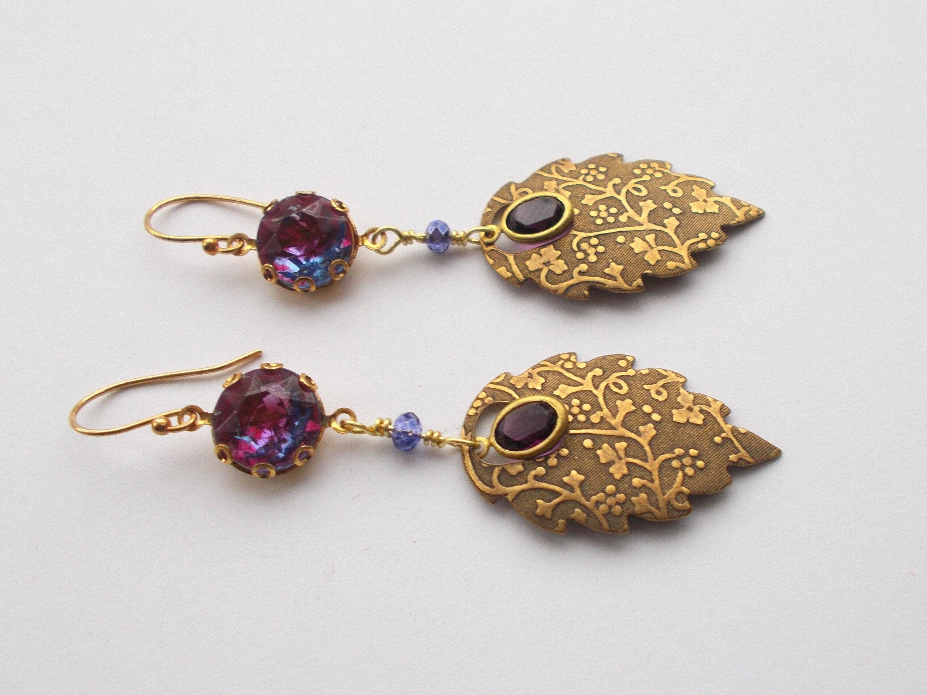 Art Deco Purple Glass Earrings: Handmade Brass Leaf Dangle Earrings