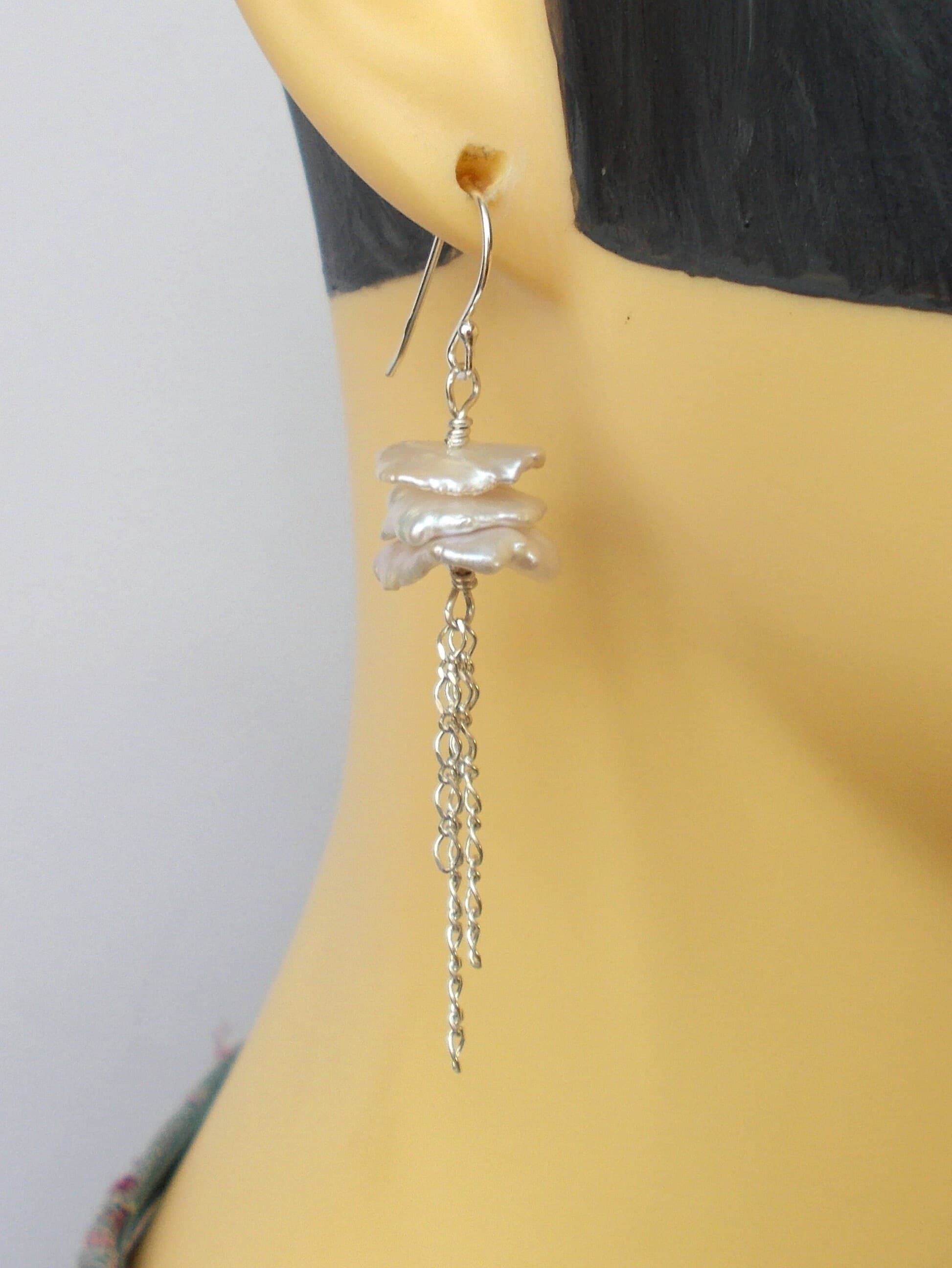 Iridescent Keshi Pearl Earrings: Sterling Silver Tassel, Handmade