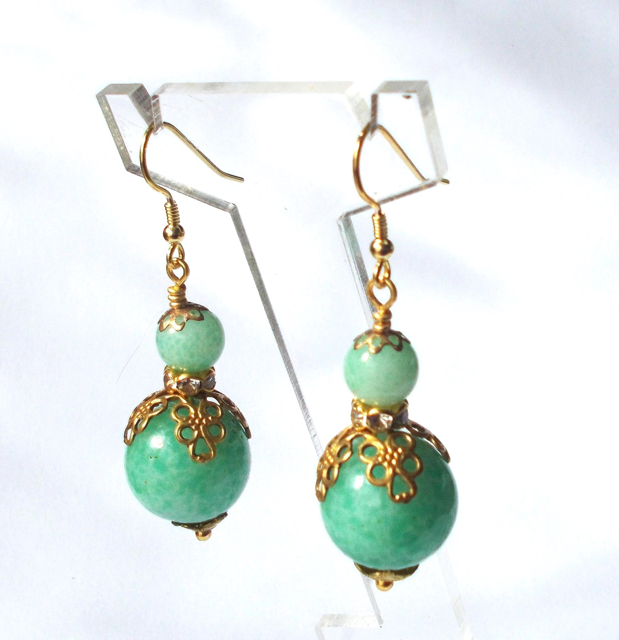 Earrings - Vintage Green Peking Glass Beads with Brass Findings - Gold Vermeil Ear Hooks - image 4