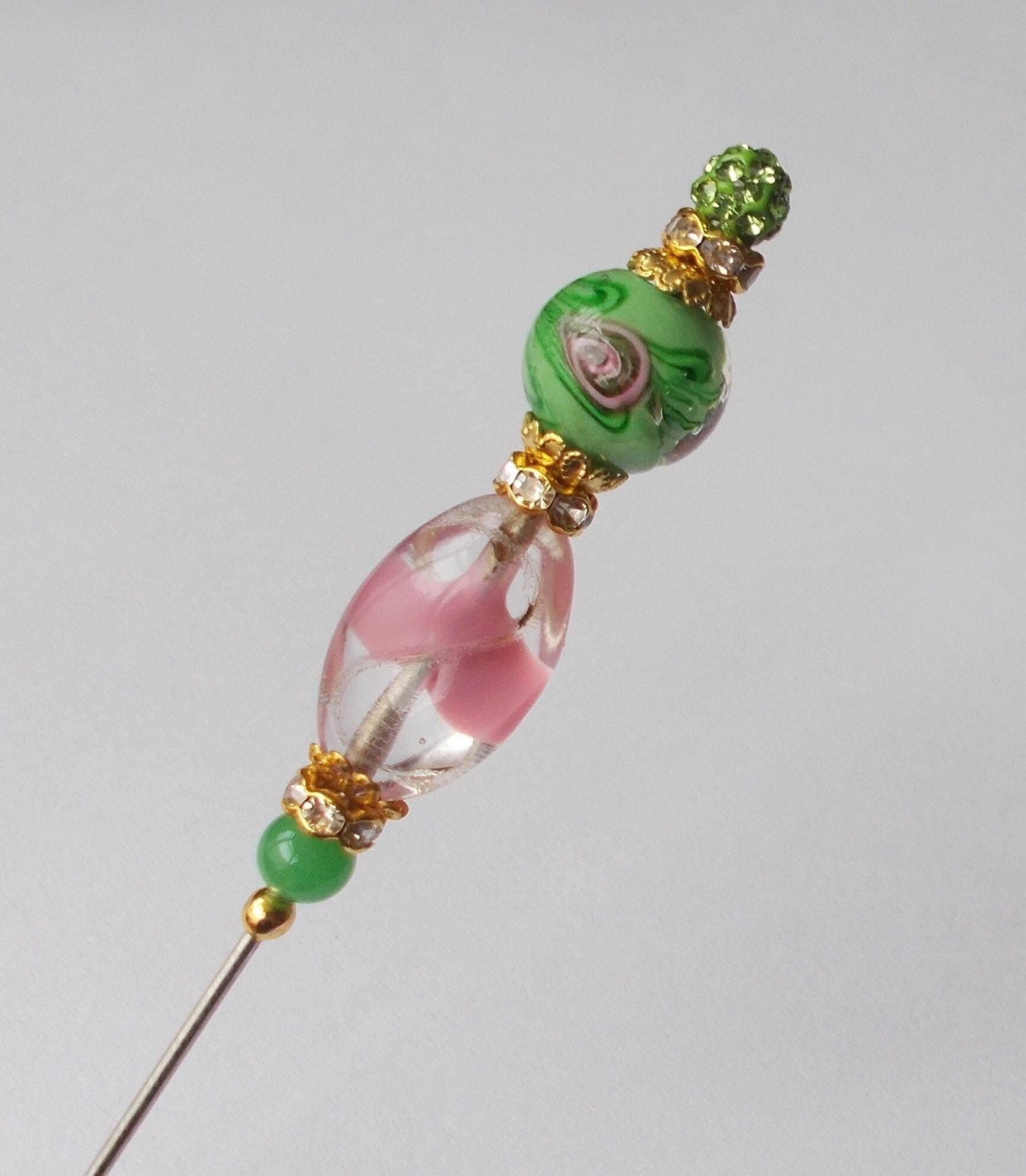 Hatpin - Green and Pink Glass Bead Handmade Hatpin, Gold Coloured Findings, 1.2mm Diameter Steel Pin, 6.25 Inches Long.