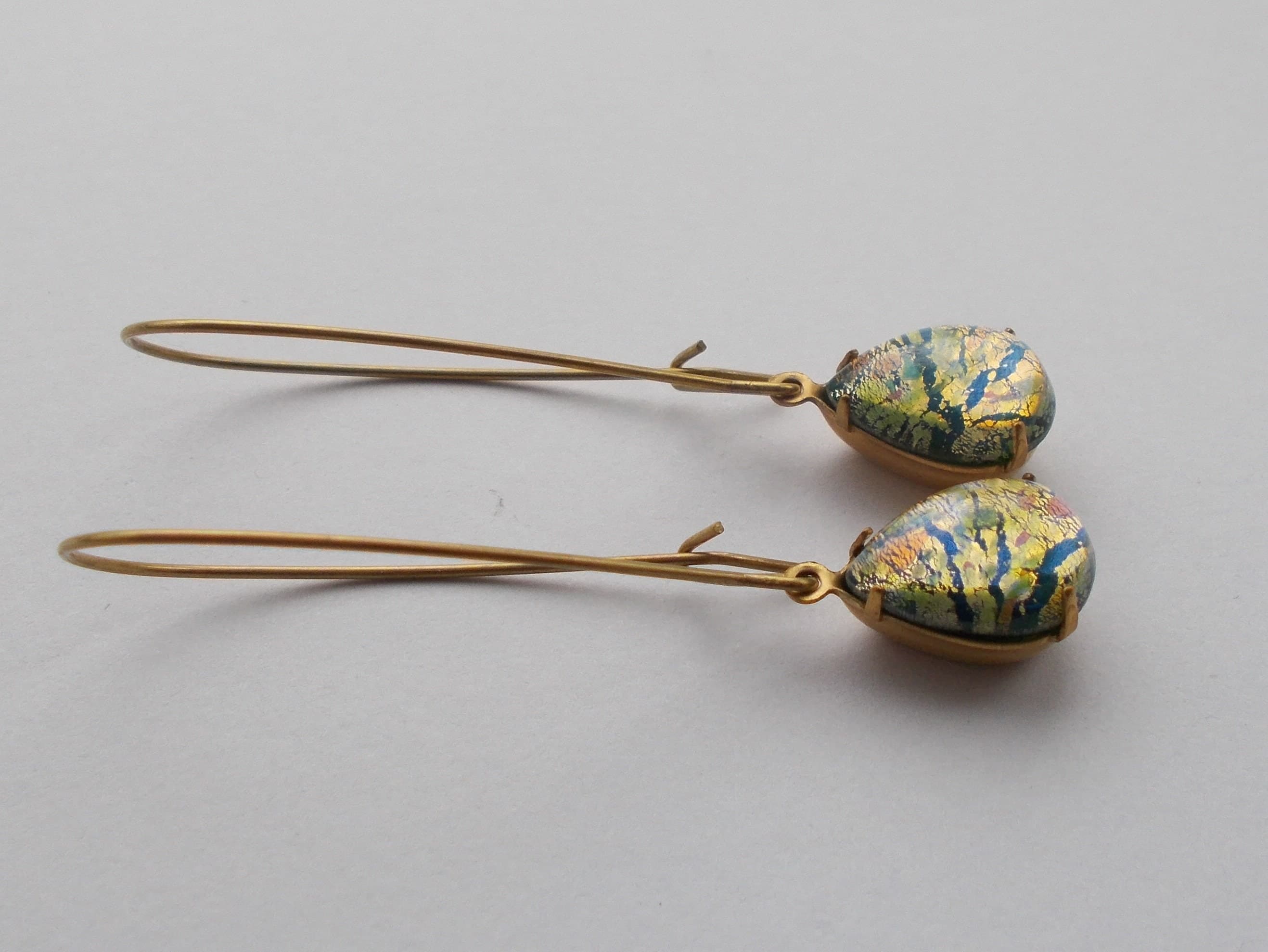 Earrings - Vintage Gold / Green Foil Handmade Brass Long Drop Earrings - image 3