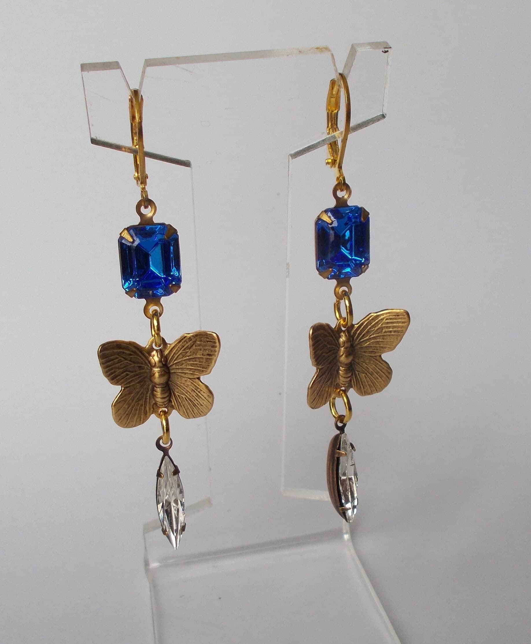 Earrings - Pretty Vintage Blue and Clear Rhinestone Long Earrings, Vintage Brass Butterflies, Gold Coloured Lever Hooks. - image 4