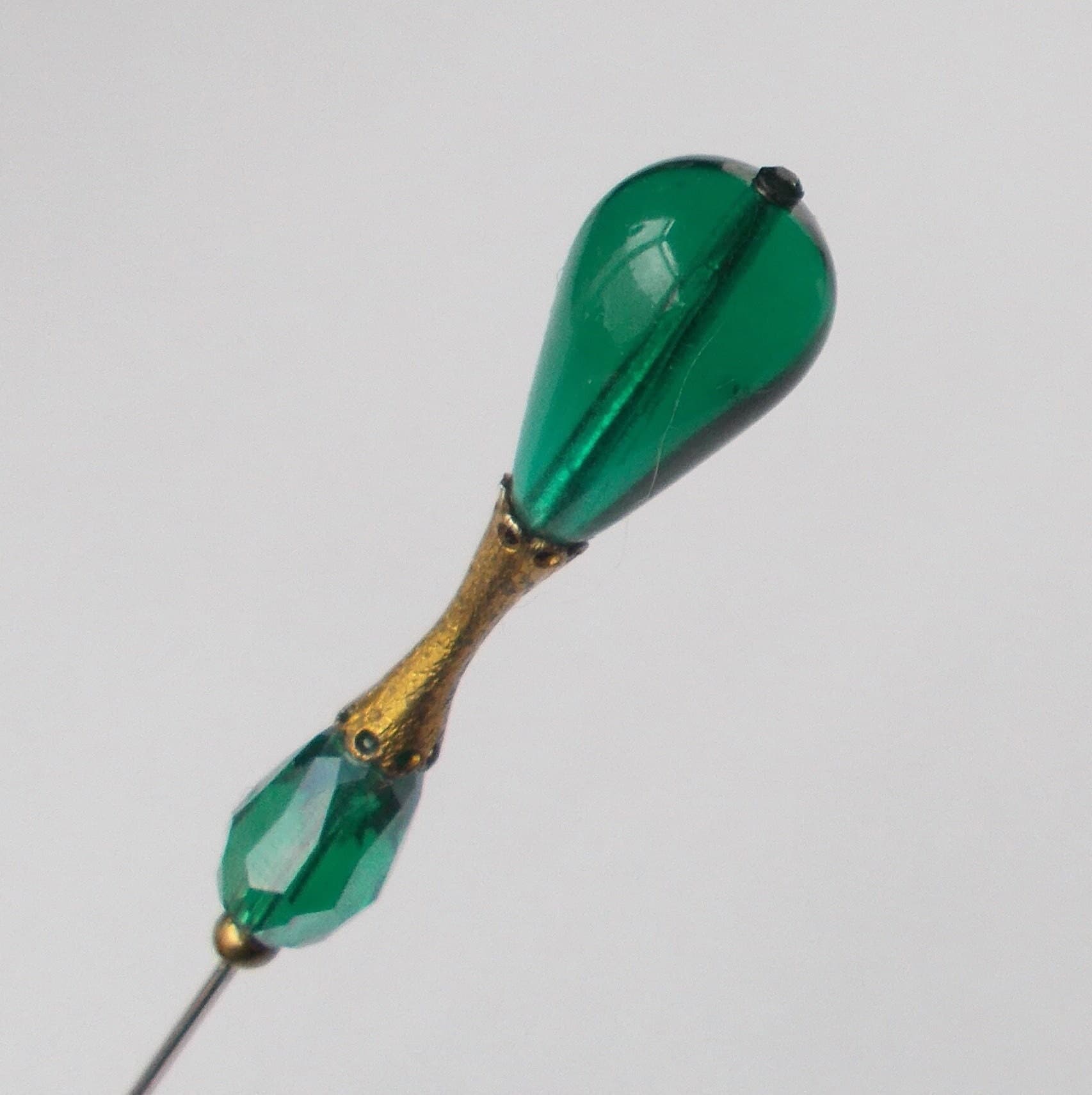 Emerald Green Glass Bead Hatpin: Vintage Brass Finding, Handmade - image 3