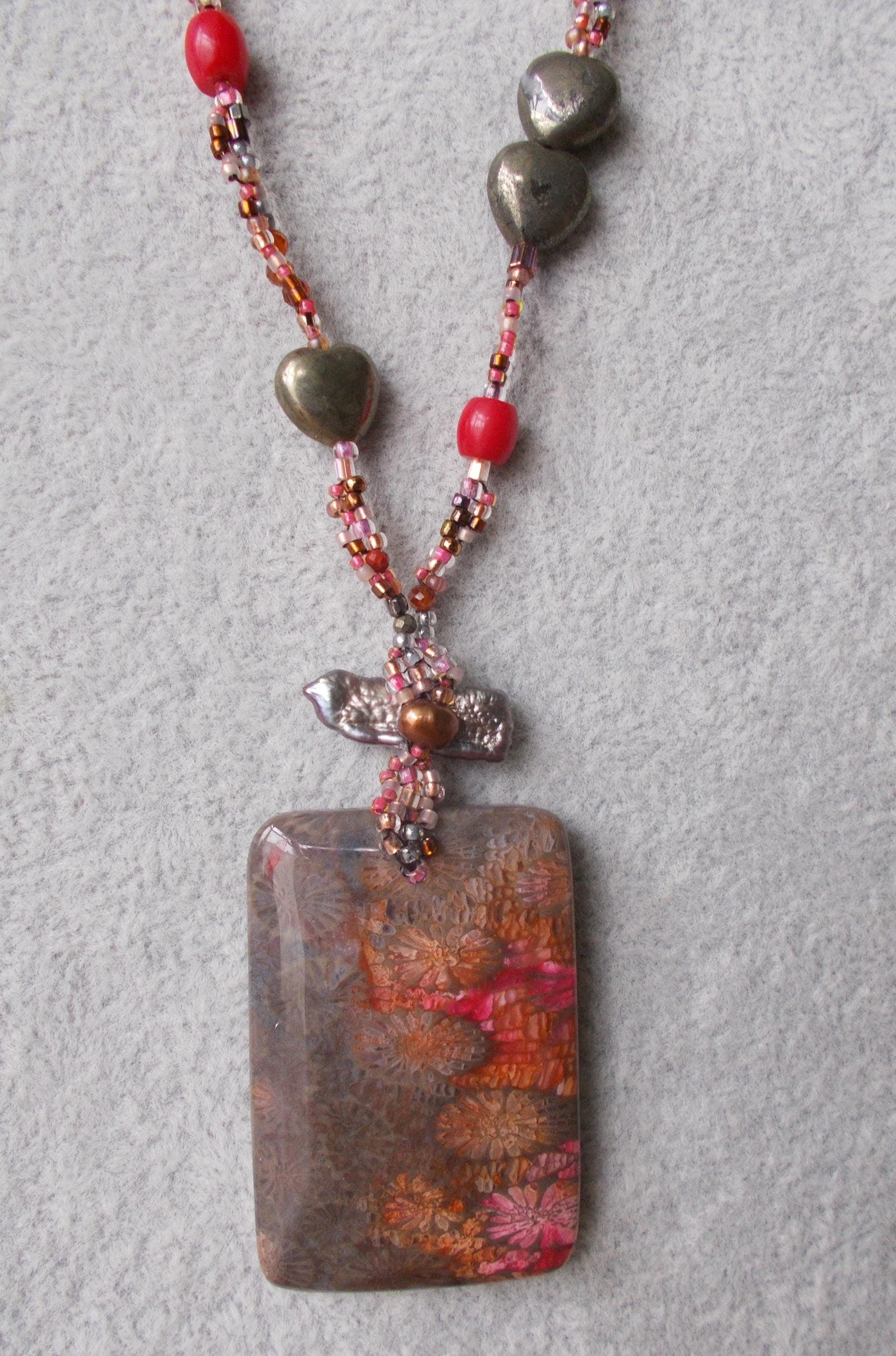 Fossilized Coral Pendant Necklace: Biwa Pearl, Garnet, Sterling Silver, 16.5 Inch - image 4