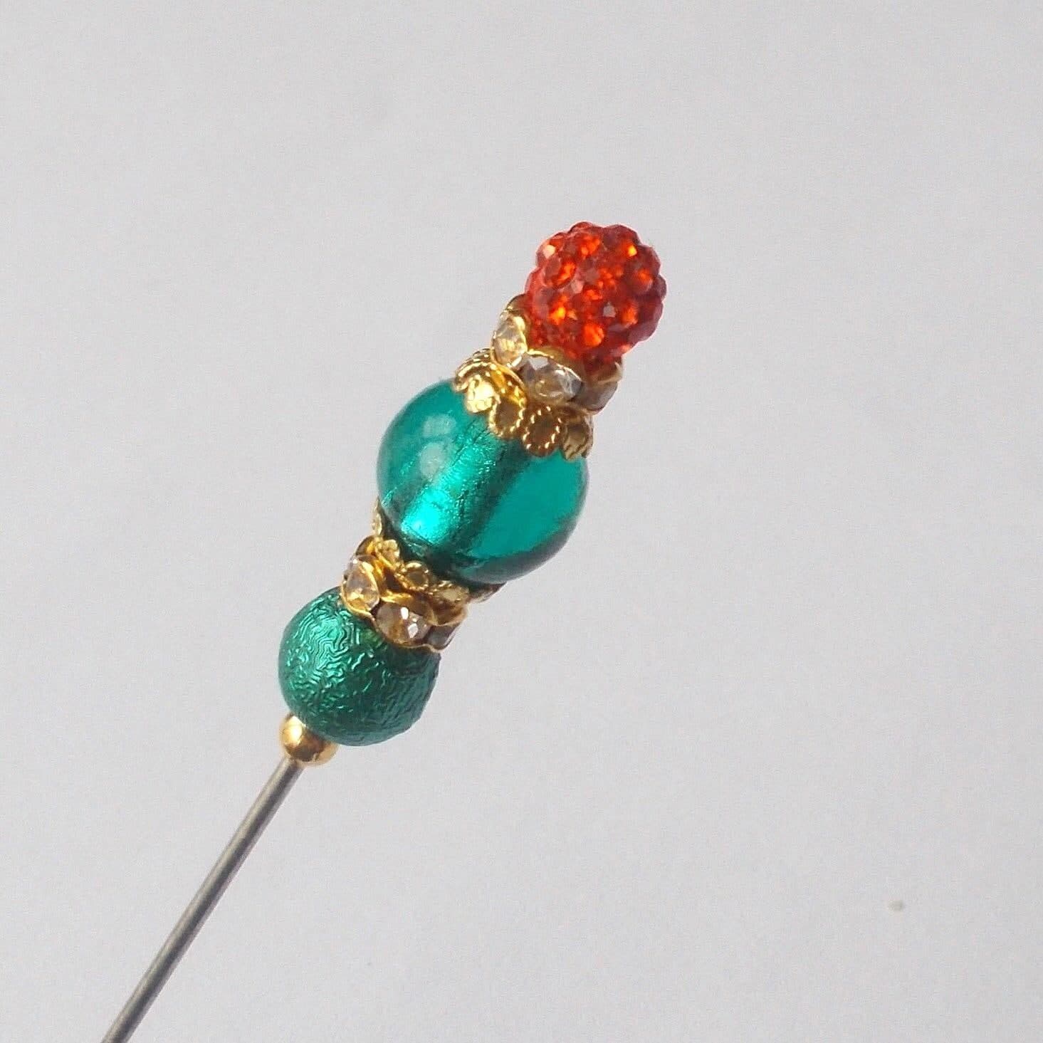 Handmade Glass Bead Hatpin: Orange & Green Vintage Style, 5 inch - image 4