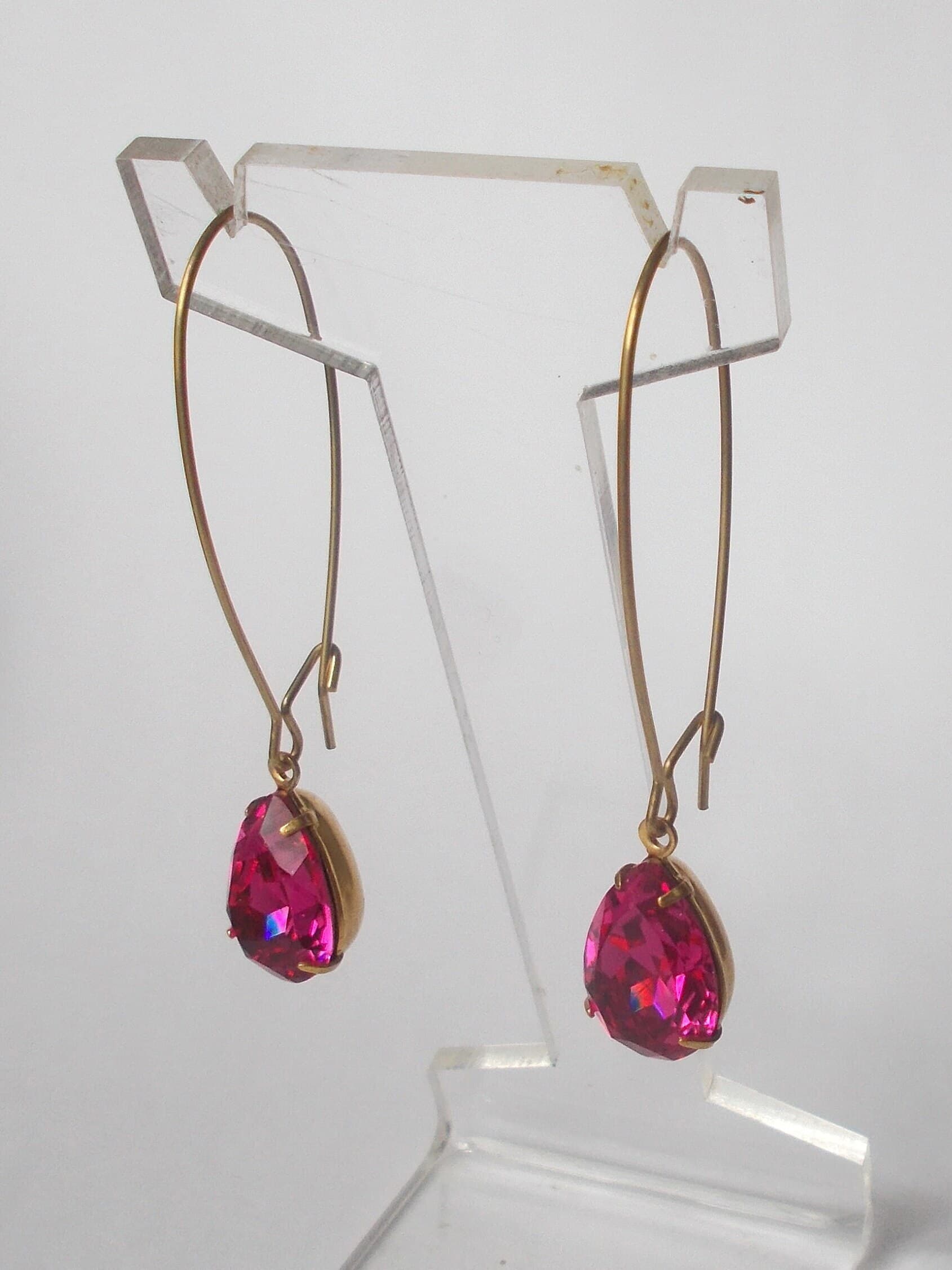 Earrings - Vintage Fuchsia Pink Rhinestone Glass Earrings with Long Brass Ear Hooks - Gift for Her - image 3