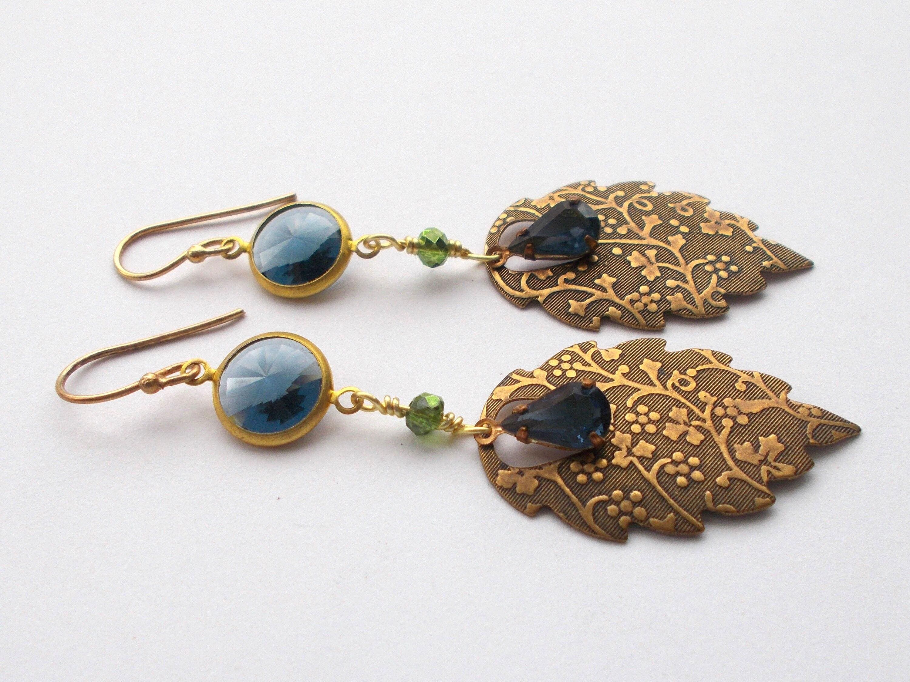 Art Deco Brass Leaf Earrings: Blue Glass Rhinestone, Handmade