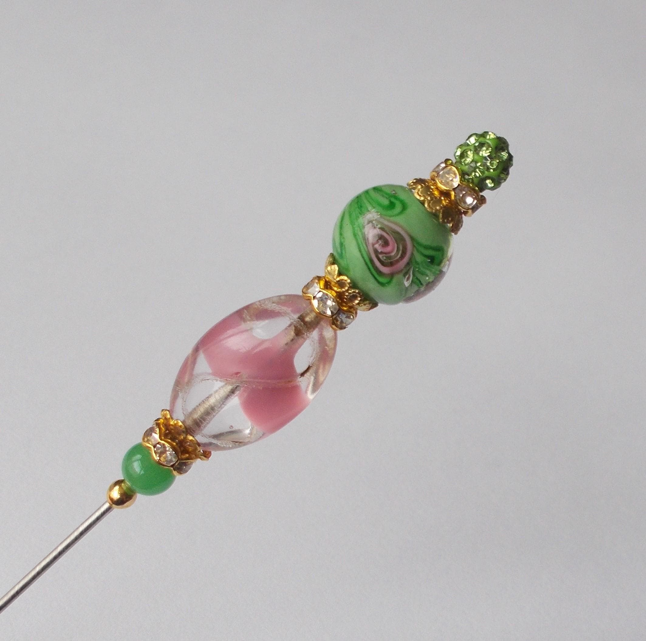 Hatpin - Green and Pink Glass Bead Handmade Hatpin, Gold Coloured Findings, 1.2mm Diameter Steel Pin, 6.25 Inches Long. - image 4