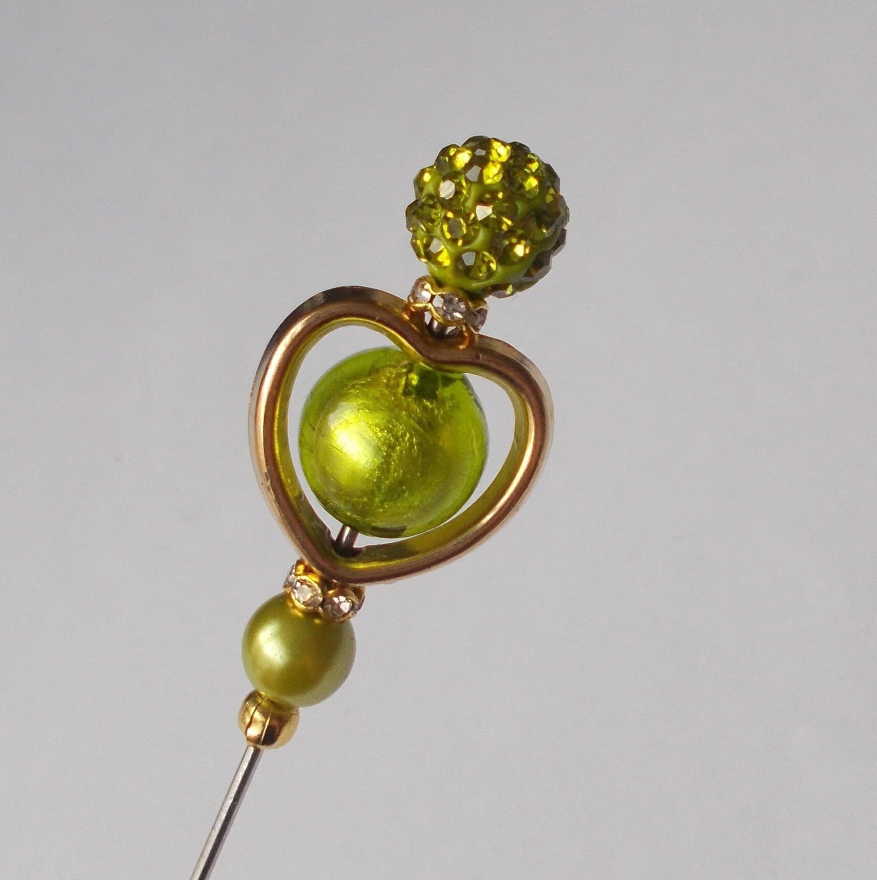 Handmade Green Glass Bead Hatpin: Gold Heart Steel Pin (5 inch)