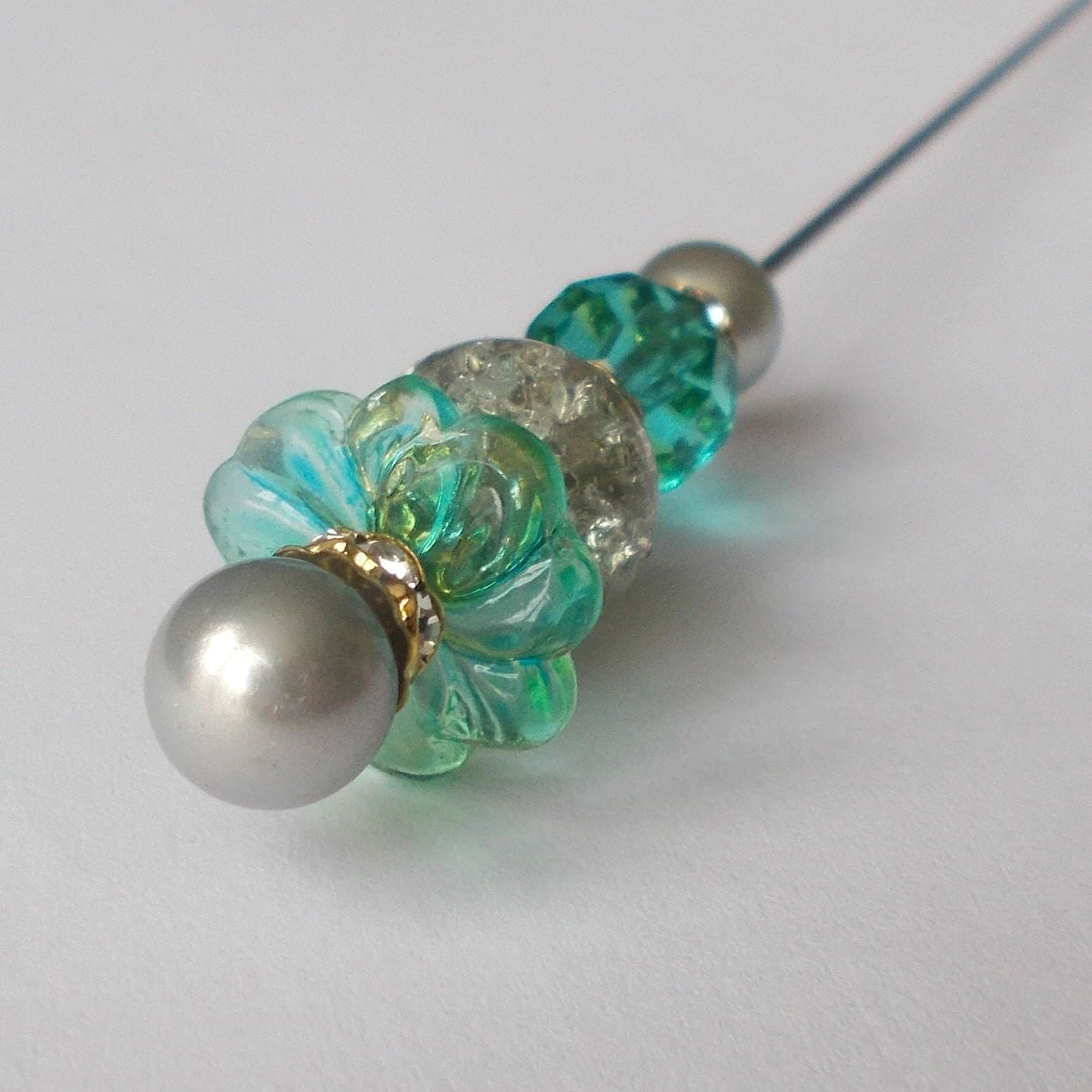Handmade Hatpin: Grey Faux Pearl & Green Glass Bead, Gold Tone - 7.25" - image 5