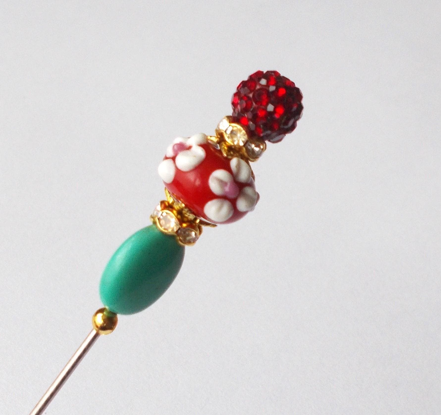 Handmade Hatpin: Green Stone, Red Glass Bead, Gold Tone - 5 Inch - image 4