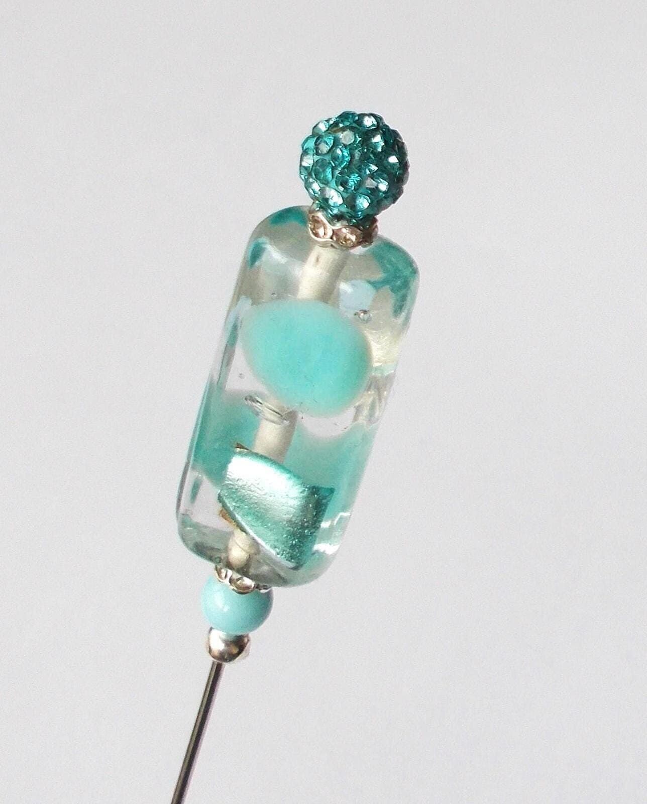Handmade Pale Blue Glass Bead Hatpin - Silver Tone Steel (6.25 inch)