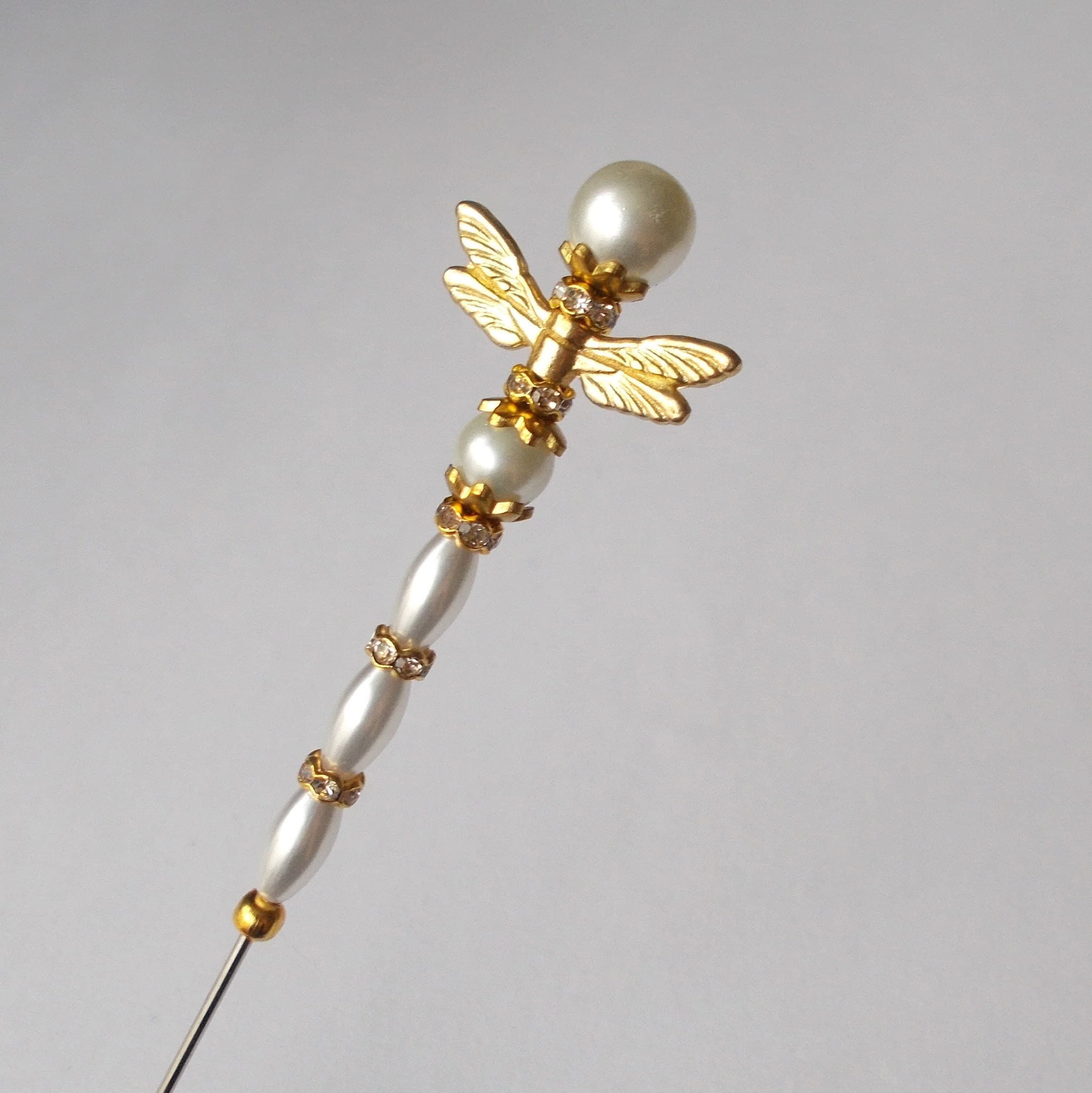 Handmade Faux Pearl Dragonfly Hatpin: 7 inch Veil Pin - image 3