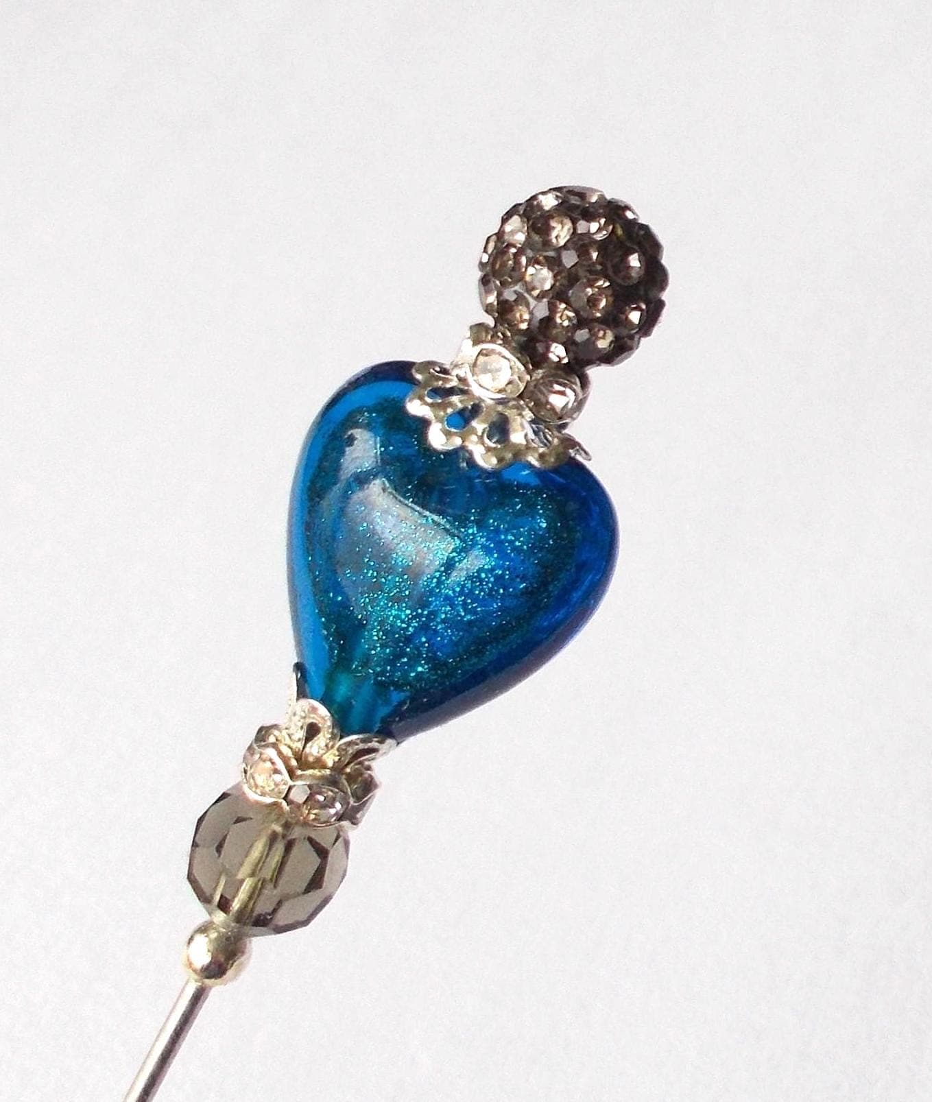 Blue Glitter Heart Hatpin: Handmade Rhinestone Steel Pin (5.25 inch)