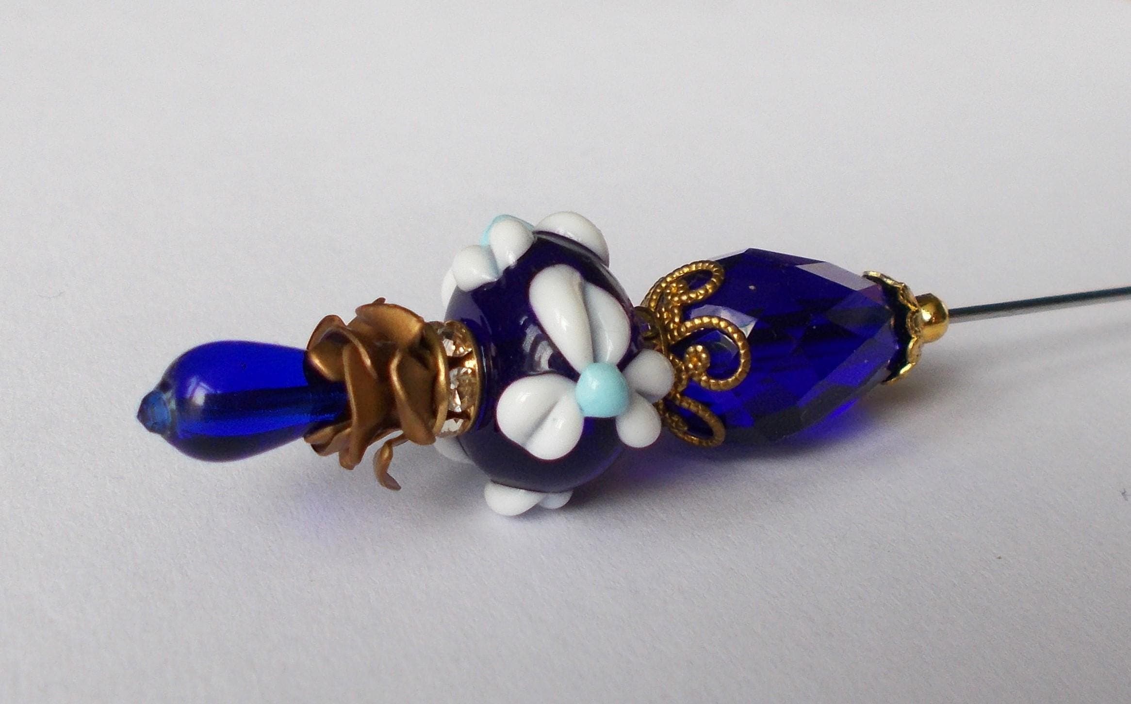Handmade Cobalt Blue Glass Bead Hatpin: Gold Tone Floral Accent - image 5