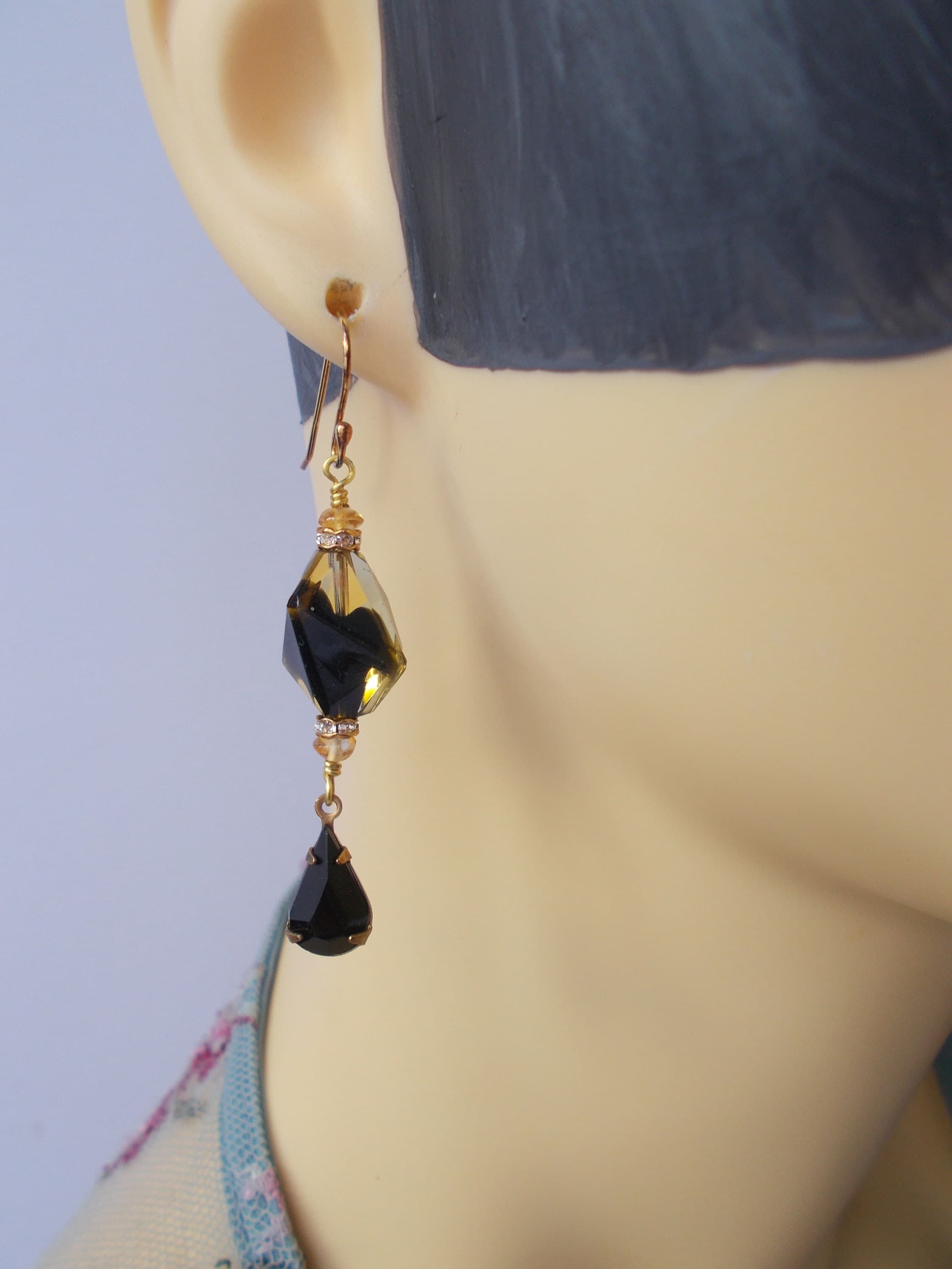 Vintage Glass Bead Earrings: Black Rhinestone Gold Vermeil Dangle Earrings - image 3