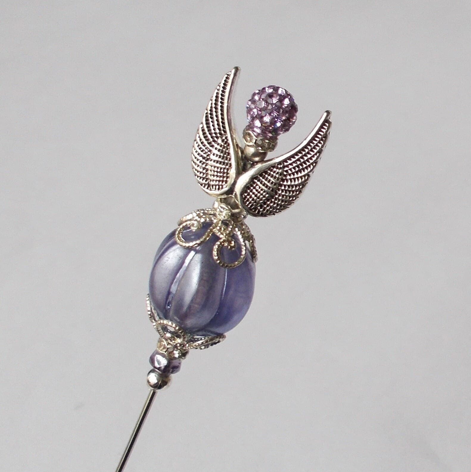 Lilac Glass Angel Hatpin: Handmade Silver Steel Pin (6.25 inch)