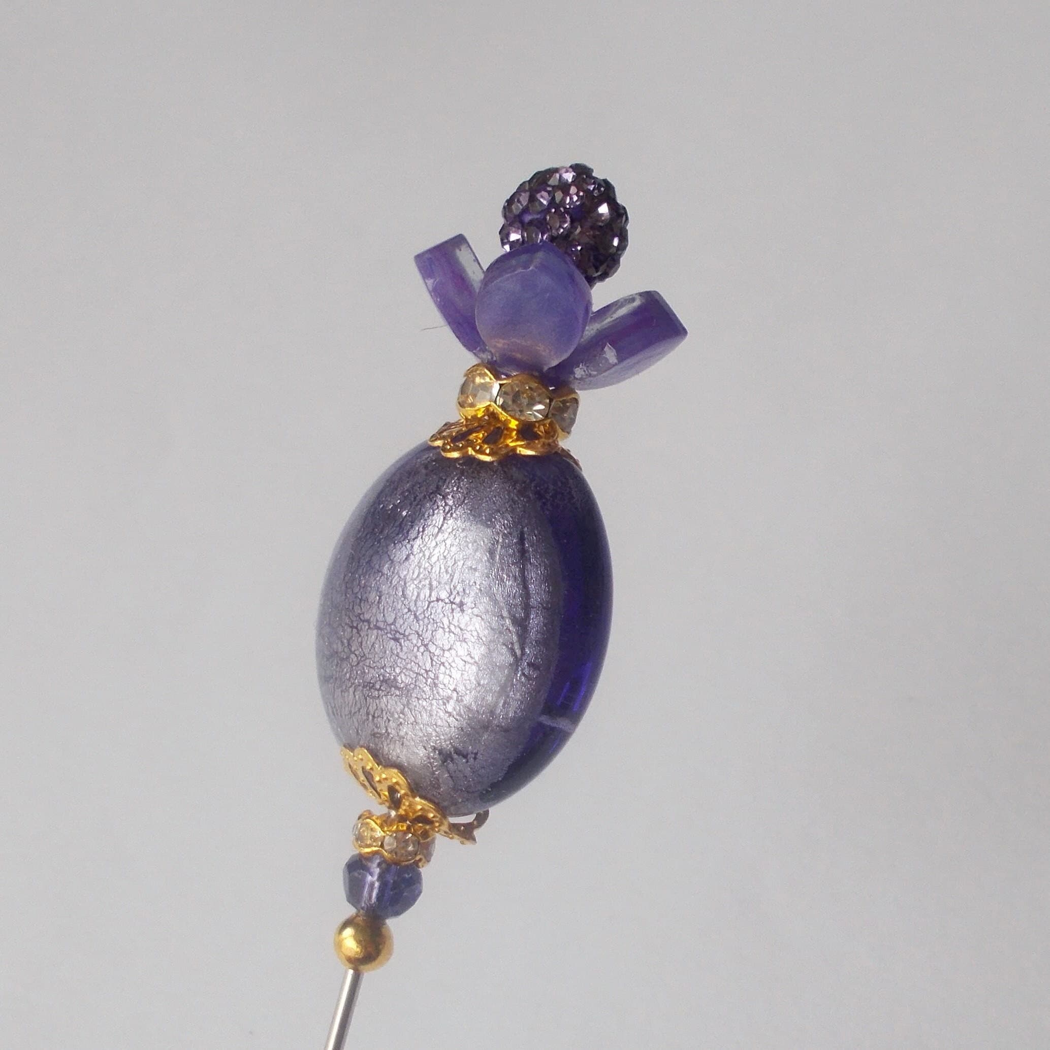 Lilac Foil Glass Hatpin: Handmade Rhinestone Bead, Gold Tone - 6.25" - image 5
