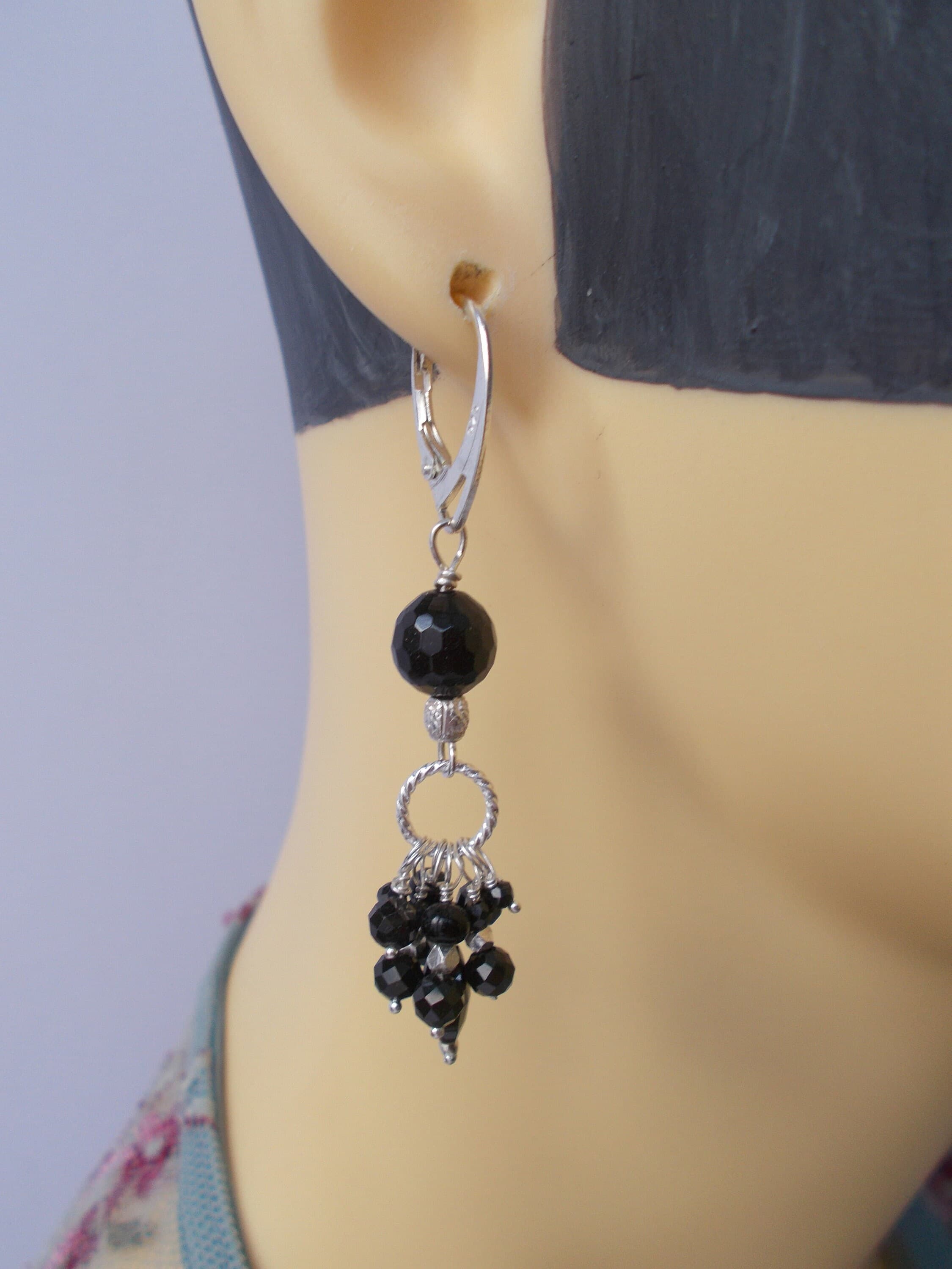 Handmade Black Agate & Spinel Sterling Silver Drop Earrings - image 4
