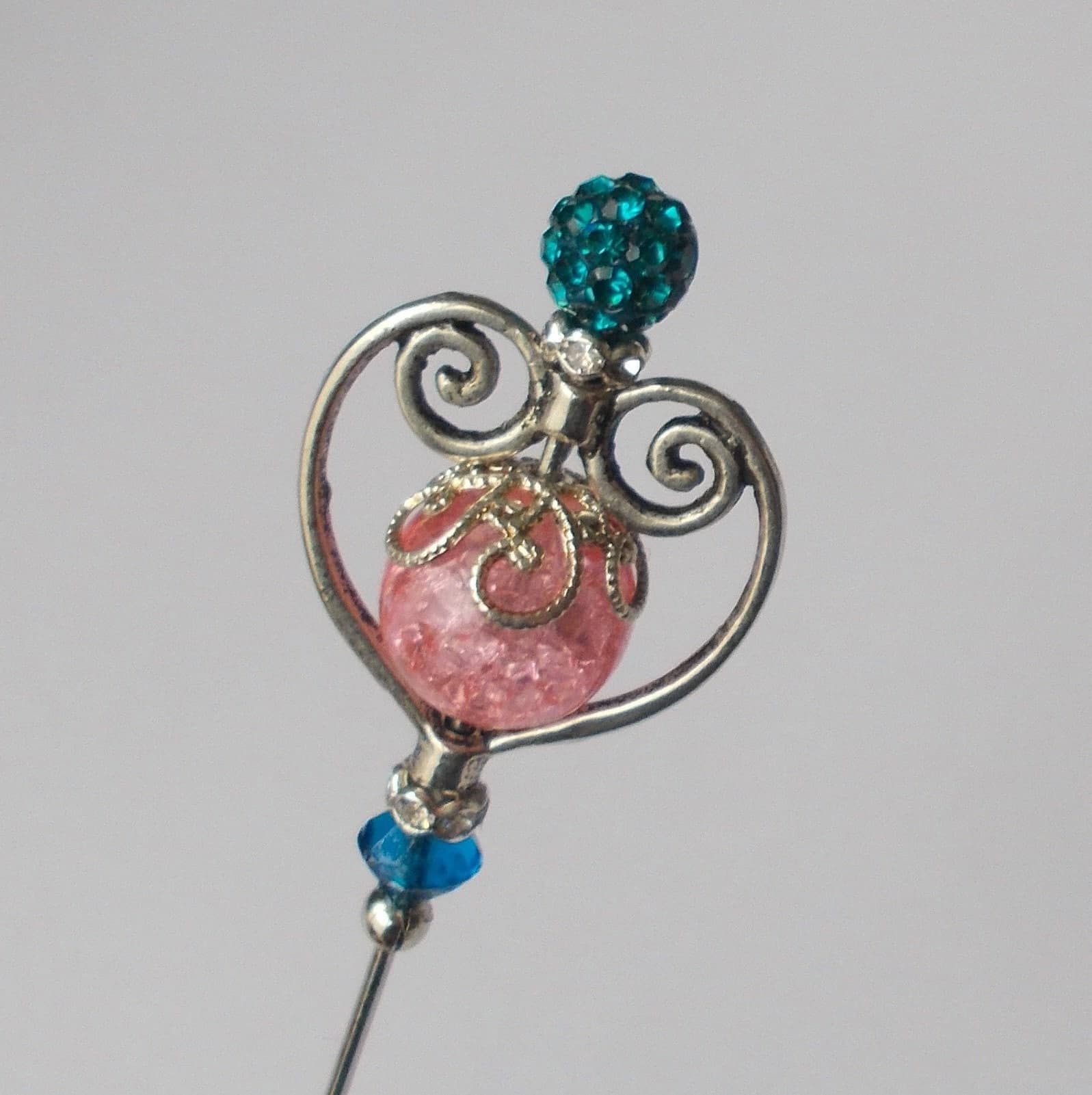 Handmade Hatpin: Silver Heart, Blue & Peach Glass Beads - image 4