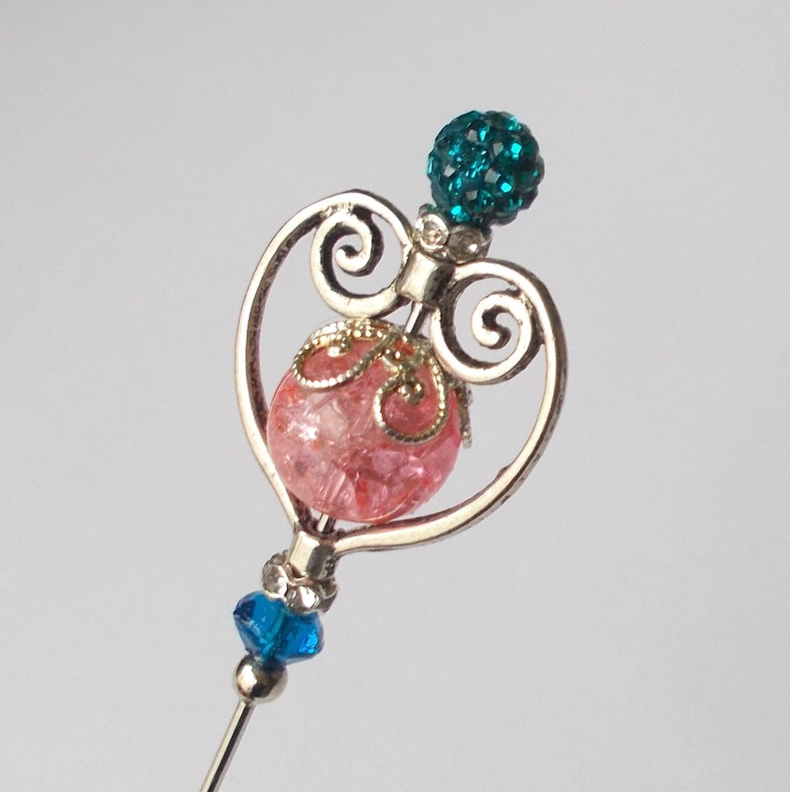 Handmade Hatpin: Silver Heart, Blue & Peach Glass Beads