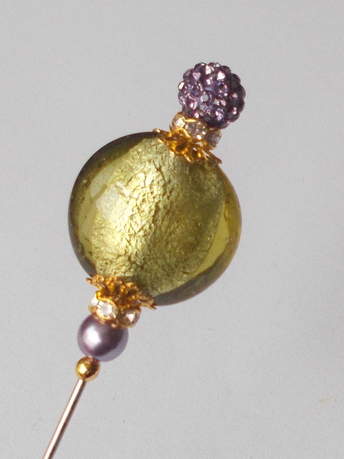 Handmade Pale Green Glass Bead Hatpin: Gold Tone Steel Pin, 6 Inch - image 3