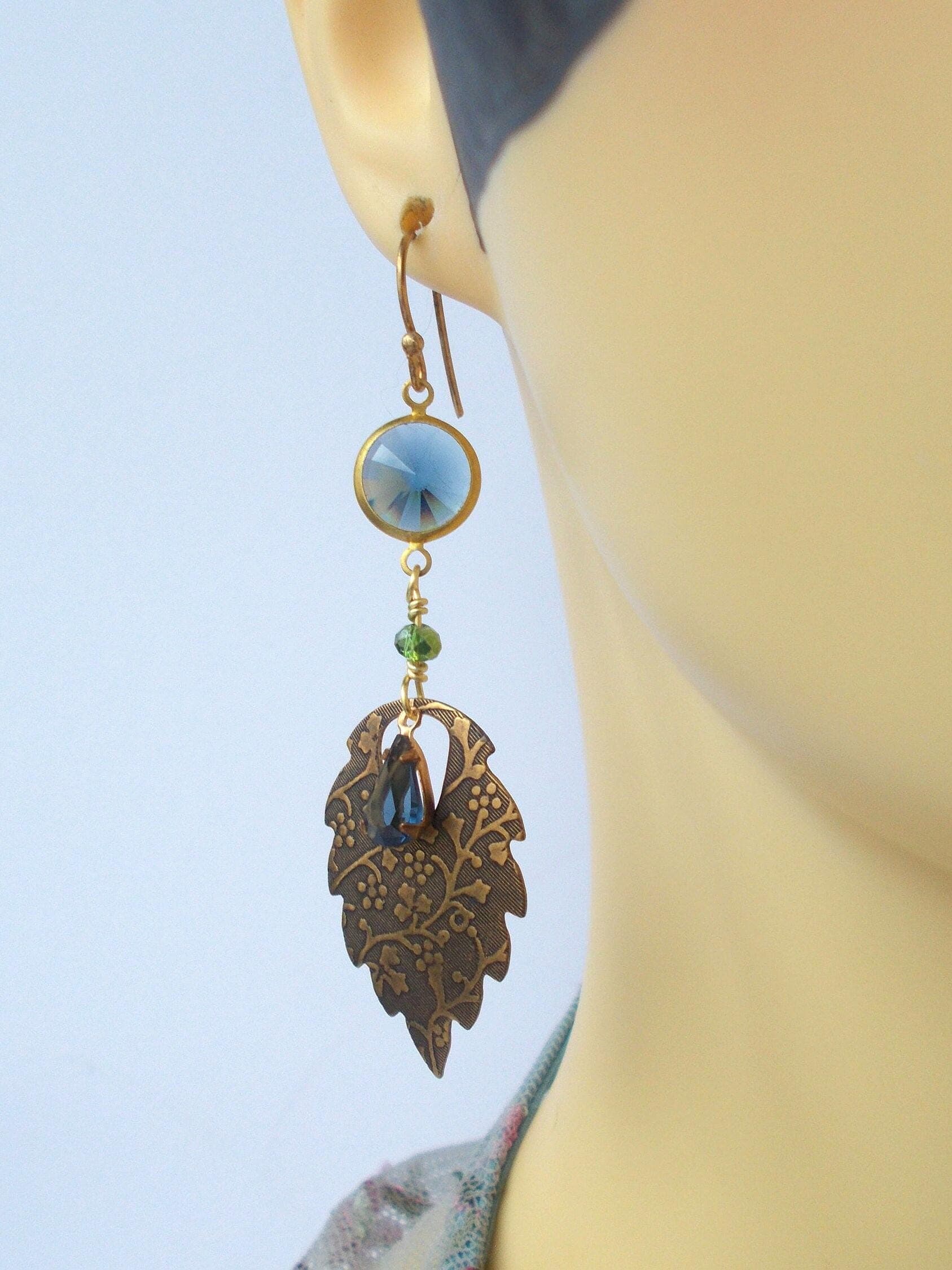 Art Deco Brass Leaf Earrings: Blue Glass Rhinestone, Handmade - image 4