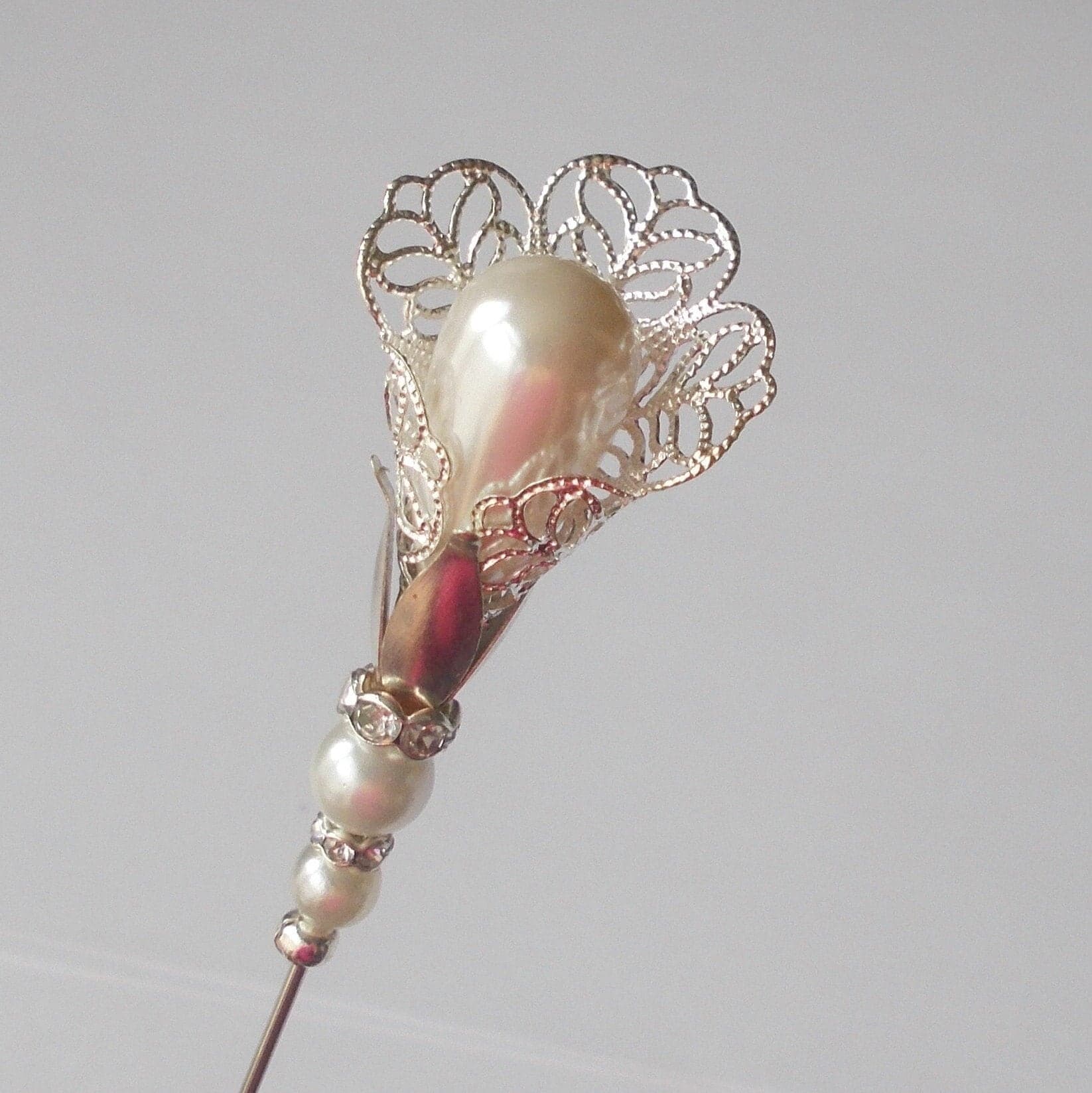 Hatpin - Choice of Coloured Filigree Finding and White Faux Pearl Handmade 6.5 inch Hatpin/ 1mm Diameter Steel Hat Pin /Hatpins Gift for Her - image 3