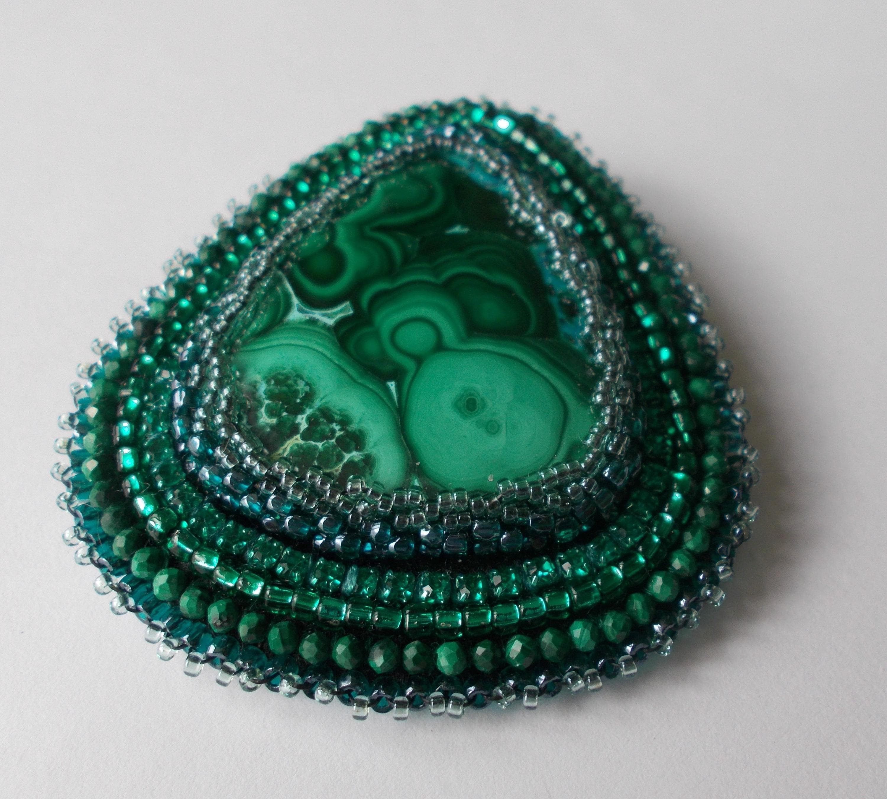Brooch - Stunning Malachite Cabochon Hand Beaded Brooch. - image 5