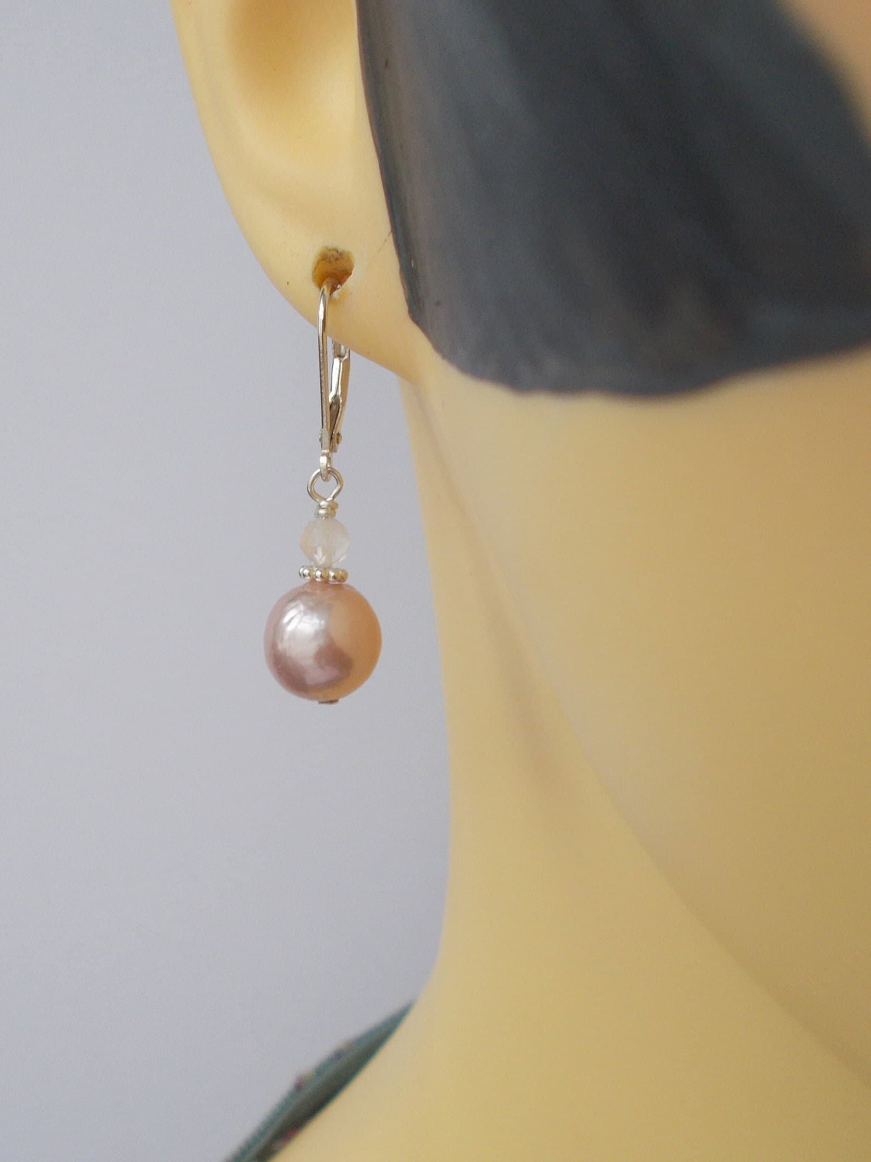 Handmade Pink Pearl Earrings: Rose Quartz, 925 Sterling Silver Lever Hooks