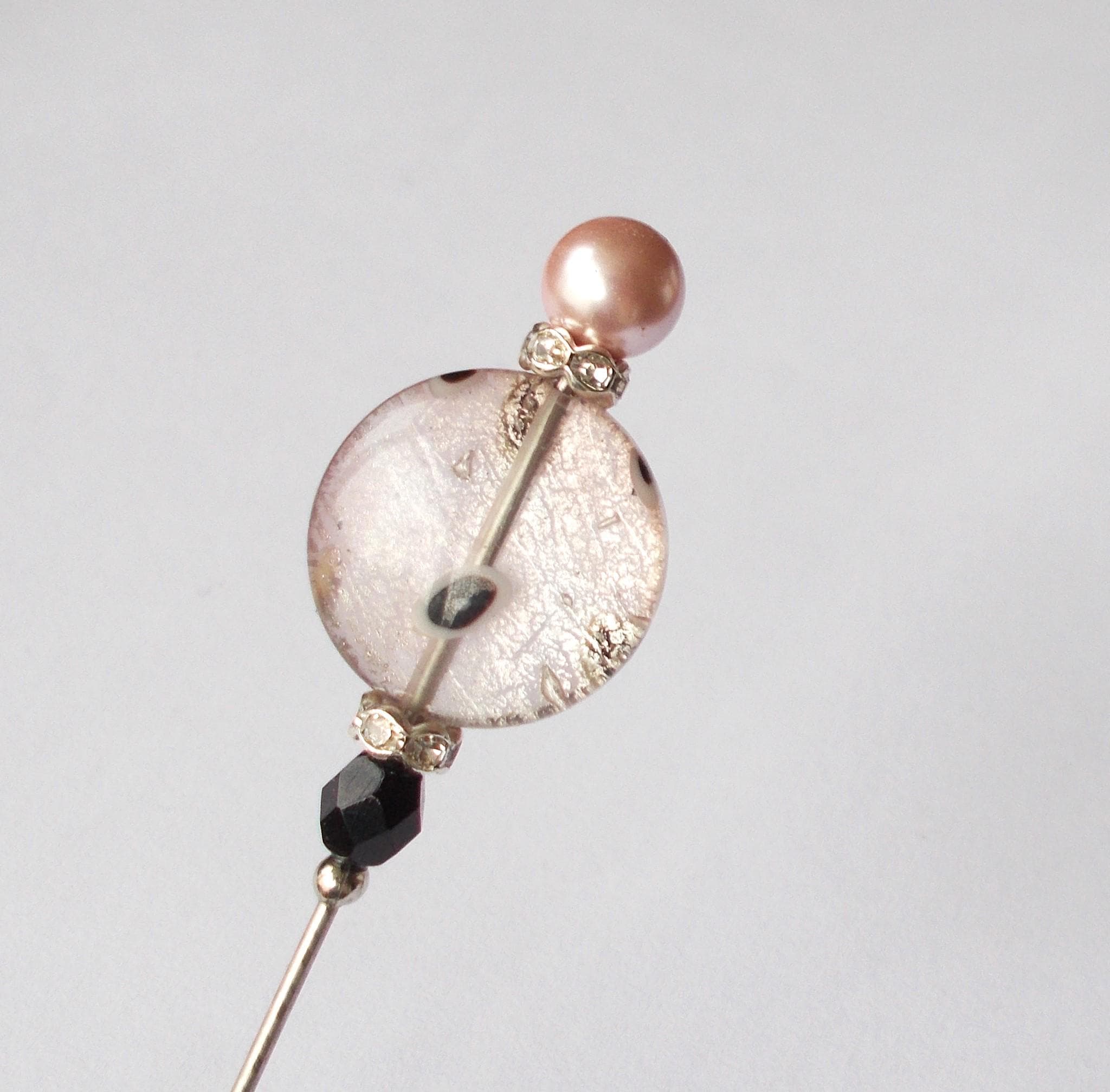 Handmade Pink Glass Bead Hatpin: Rhinestone & Faux Pearl Accent - image 4