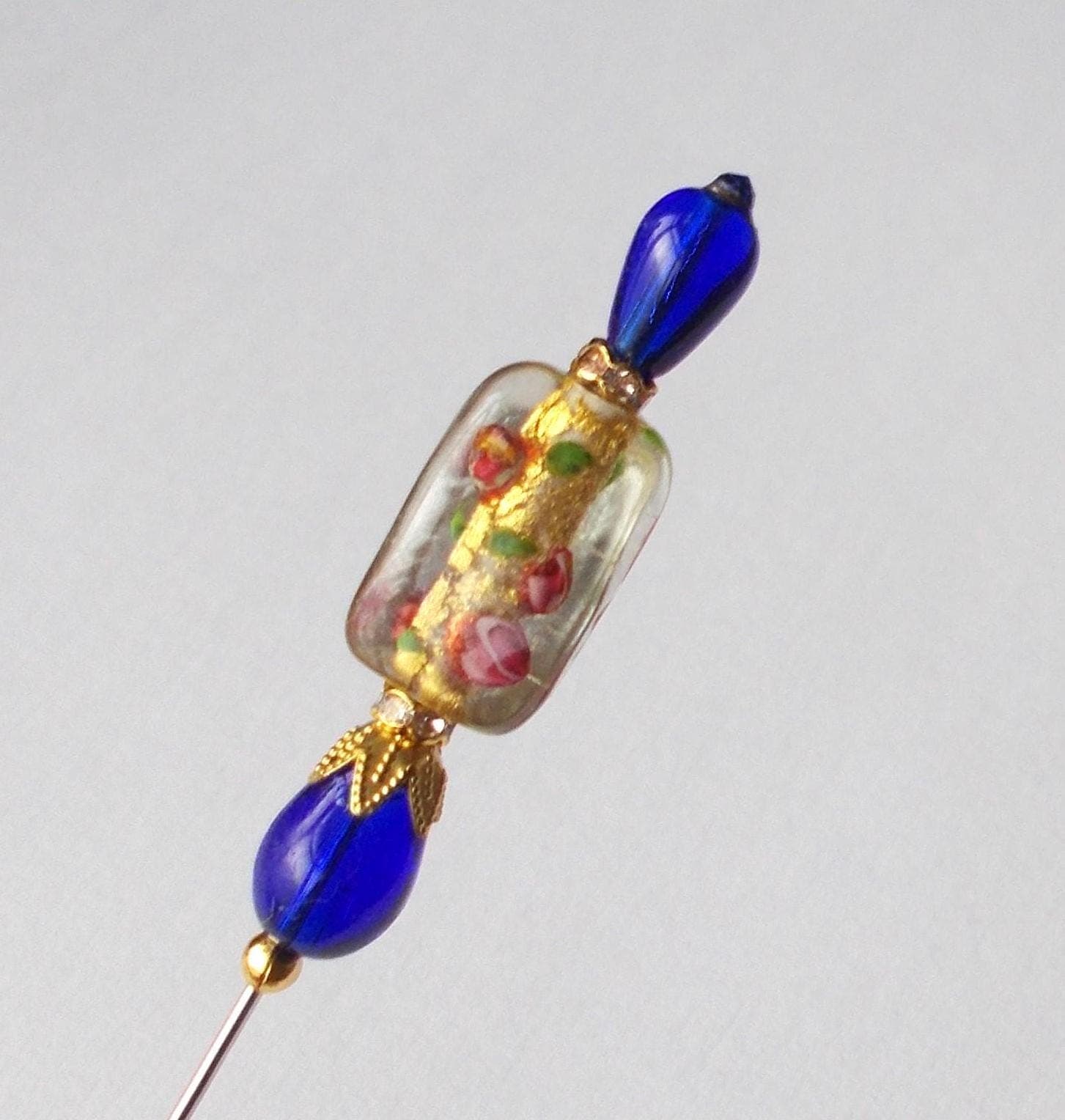 Handmade Gold Foil Floral Glass Hatpin - Cobalt Blue Accent - image 4