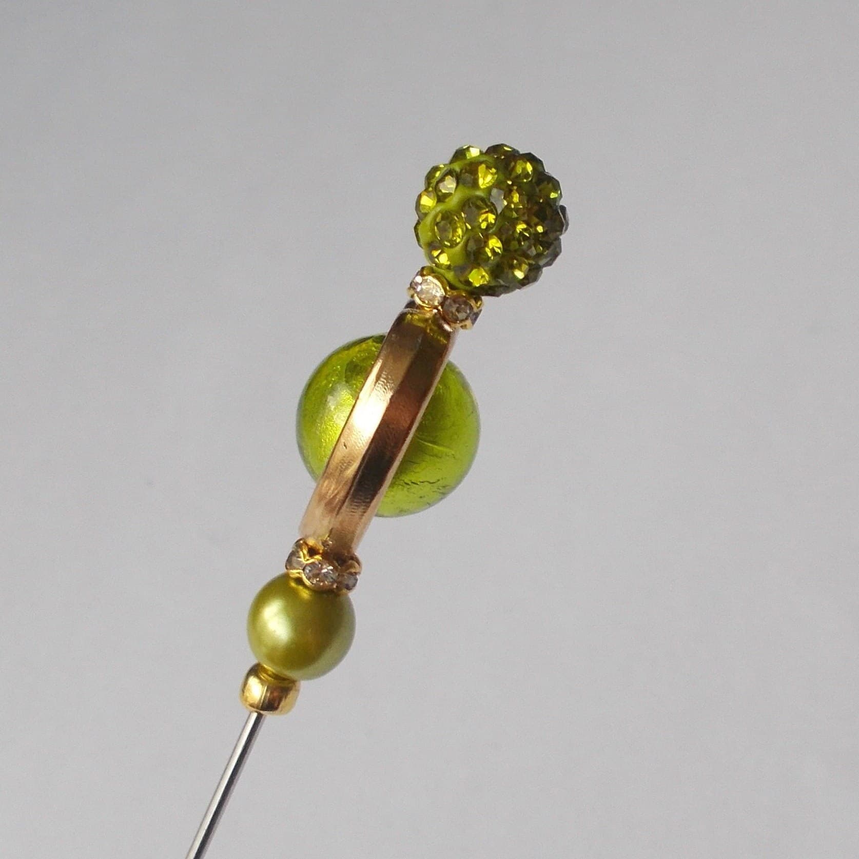 Handmade Green Glass Bead Hatpin: Gold Heart Steel Pin (5 inch) - image 5