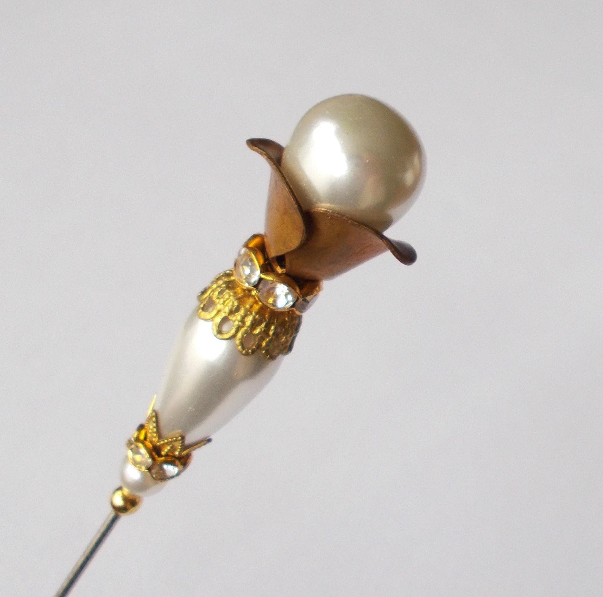 Handmade Faux Pearl Hatpin: Vintage Gold Steel Pin (5.25 inch) - image 5