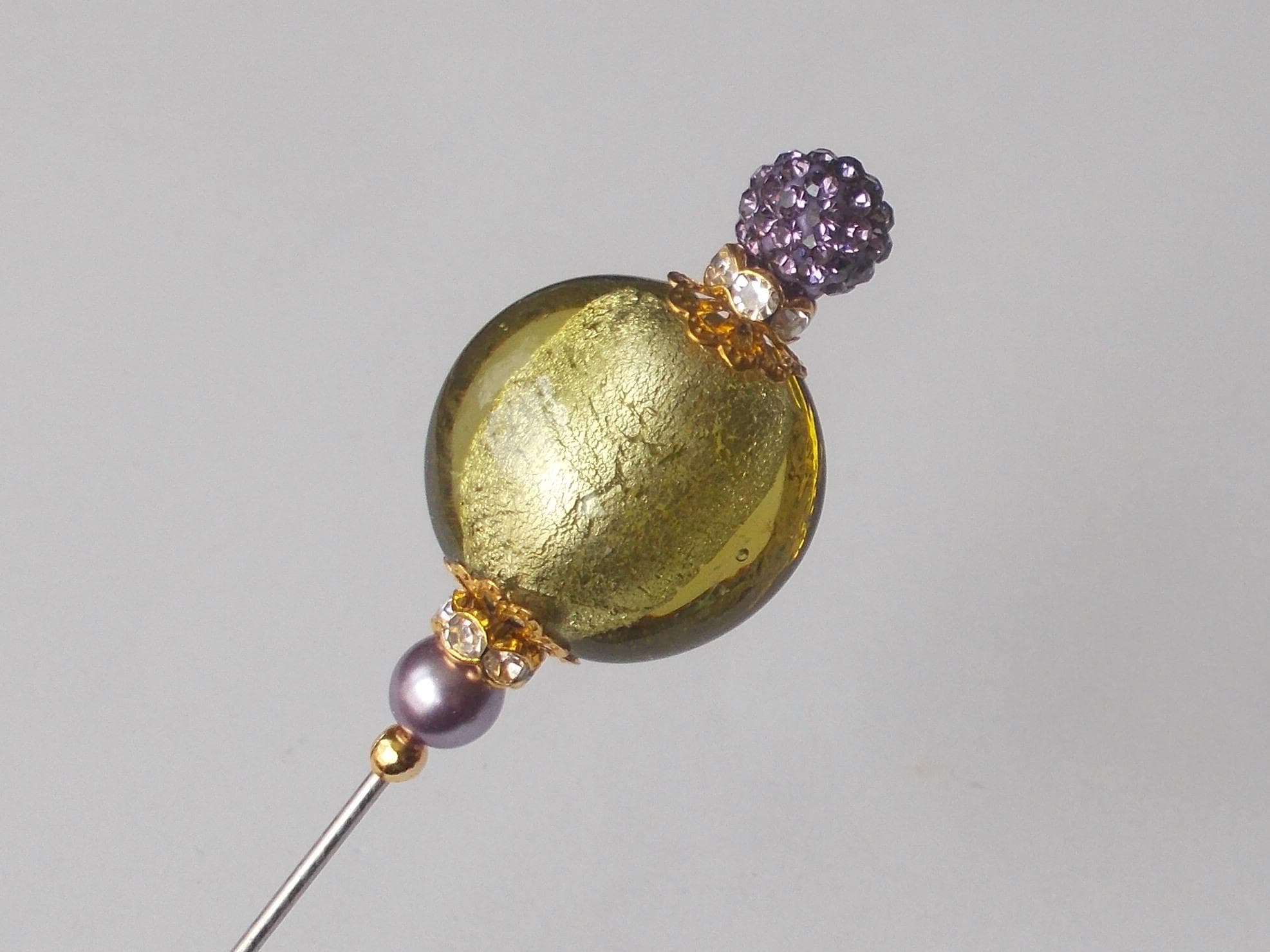 Handmade Pale Green Glass Bead Hatpin: Gold Tone Steel Pin, 6 Inch