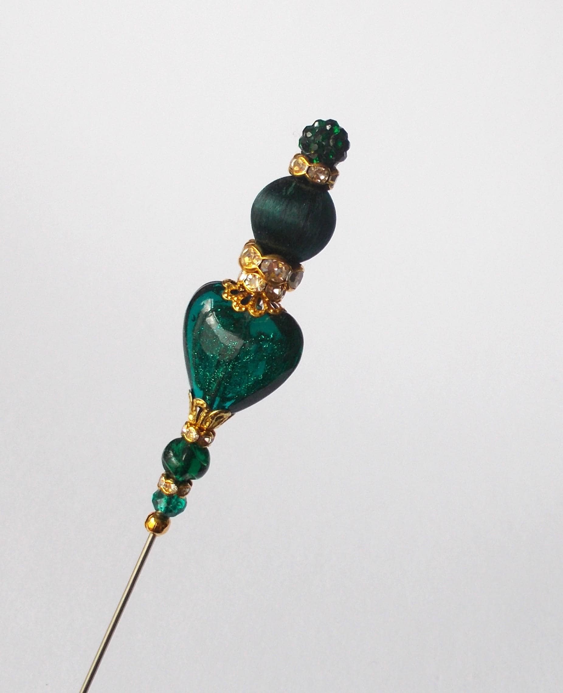 Hatpin - Handmade Dark Green Mix Glass Bead 7 inch Hatpin / 1mm Diameter Steel Pin