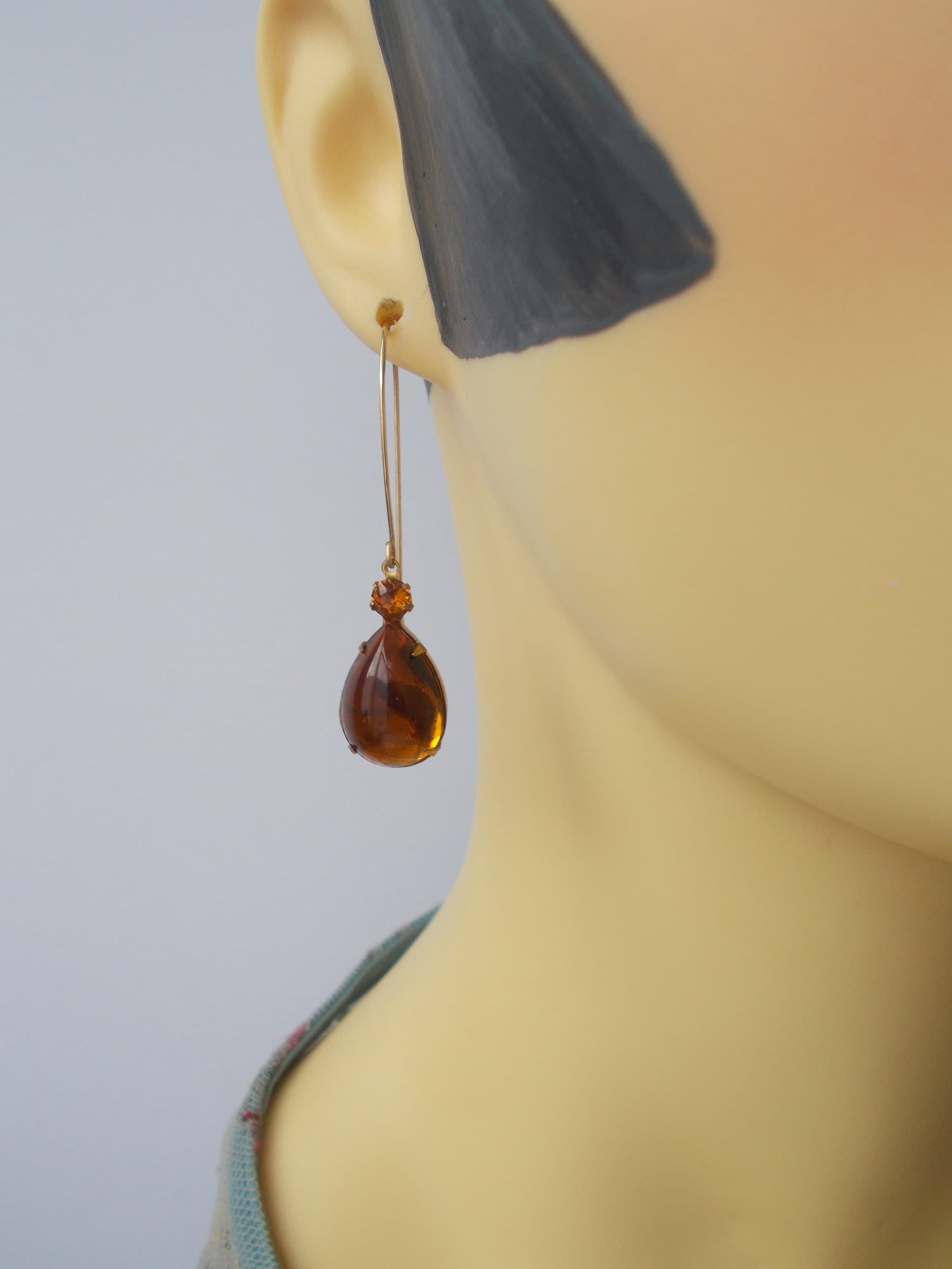 Vintage Faux Tortoise Glass Drop Earrings: Rhinestone Brass Findings - image 3