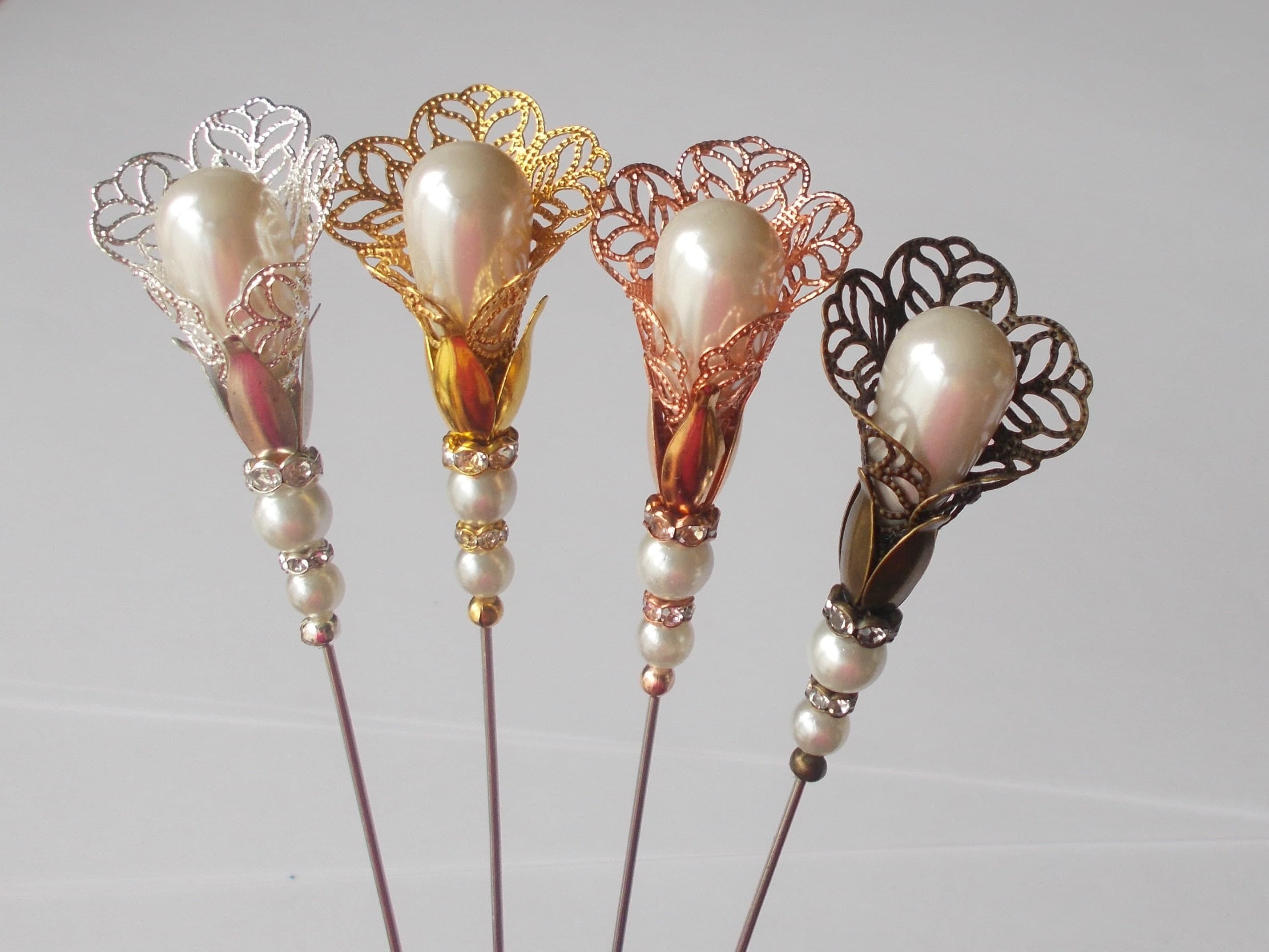 Hatpin - Choice of Coloured Filigree Finding and White Faux Pearl Handmade 6.5 inch Hatpin/ 1mm Diameter Steel Hat Pin /Hatpins Gift for Her