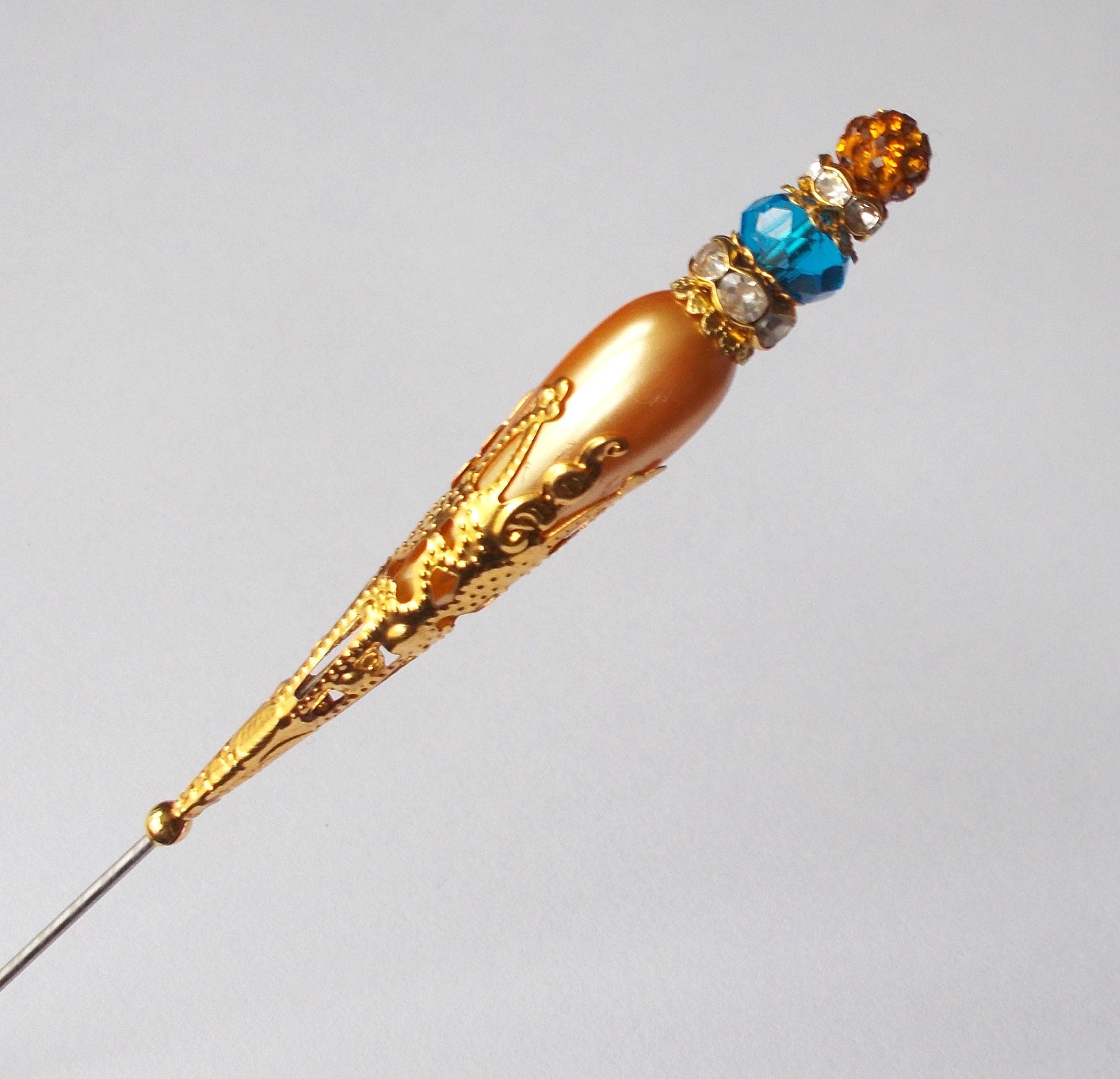 Hatpin - Orange Faux Pearl & Blue Glass Bead Handmade Hatpin, 1.2mm Diameter Steel Pin, 6.25 Inches Long. - image 3