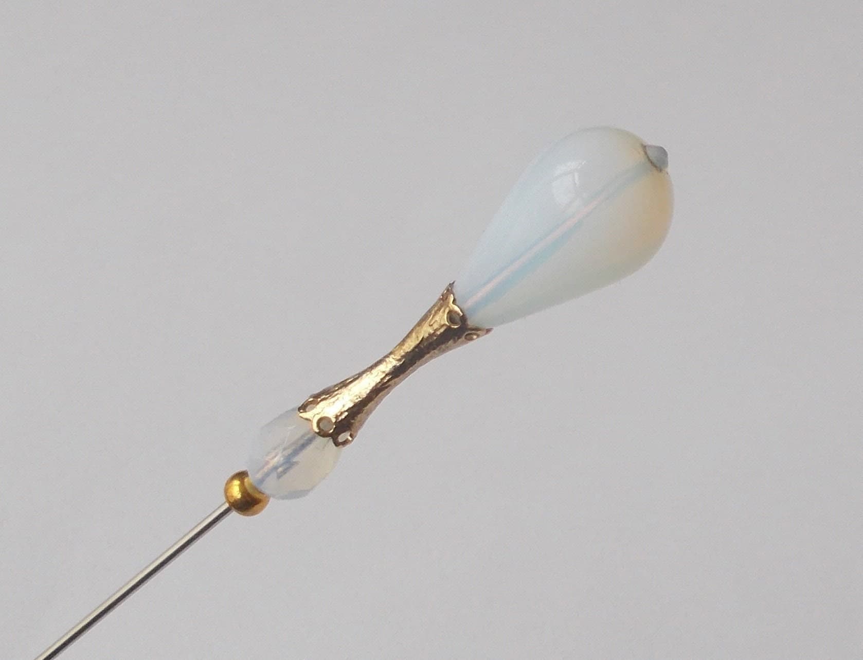 Handmade Opaline Glass Hatpin: Vintage Brass Finding, 5.5 inch - image 3