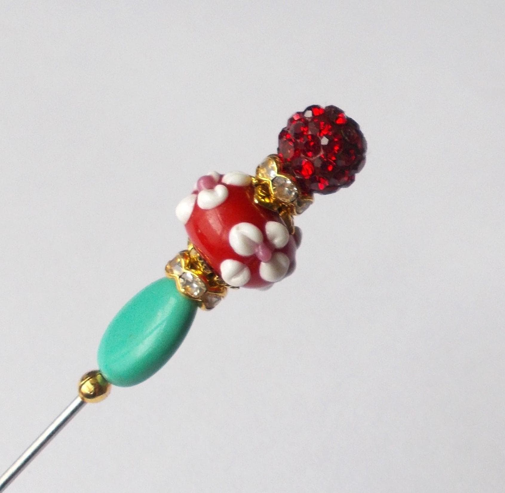 Handmade Hatpin: Green Stone, Red Glass Bead, Gold Tone - 5 Inch - image 3