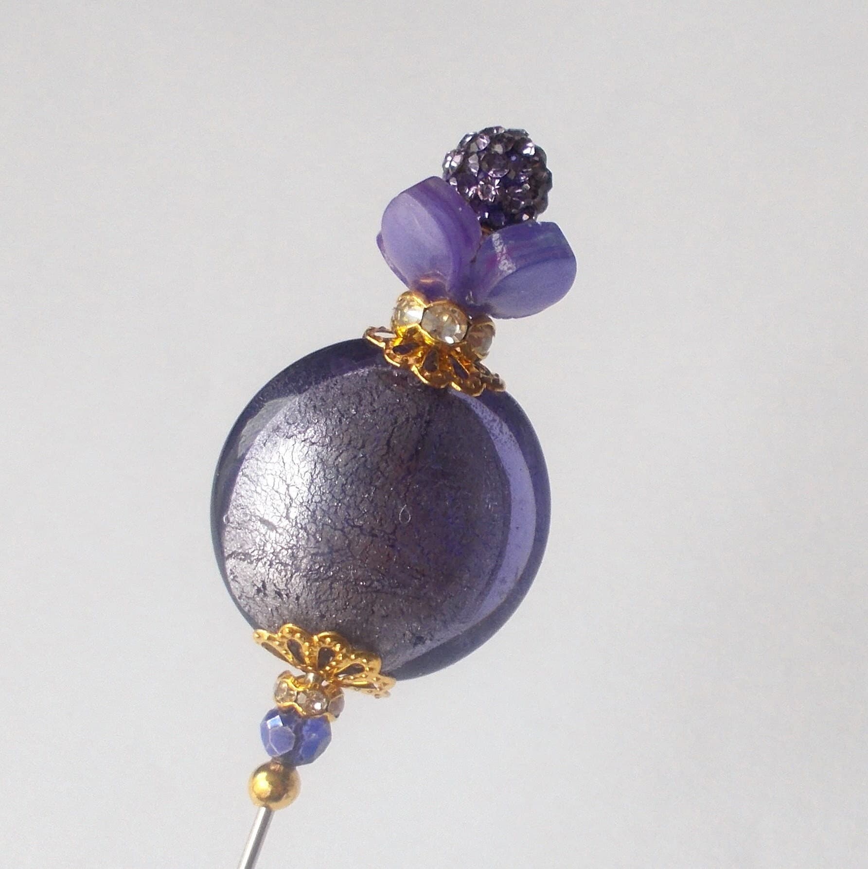 Lilac Foil Glass Hatpin: Handmade Rhinestone Bead, Gold Tone - 6.25" - image 4