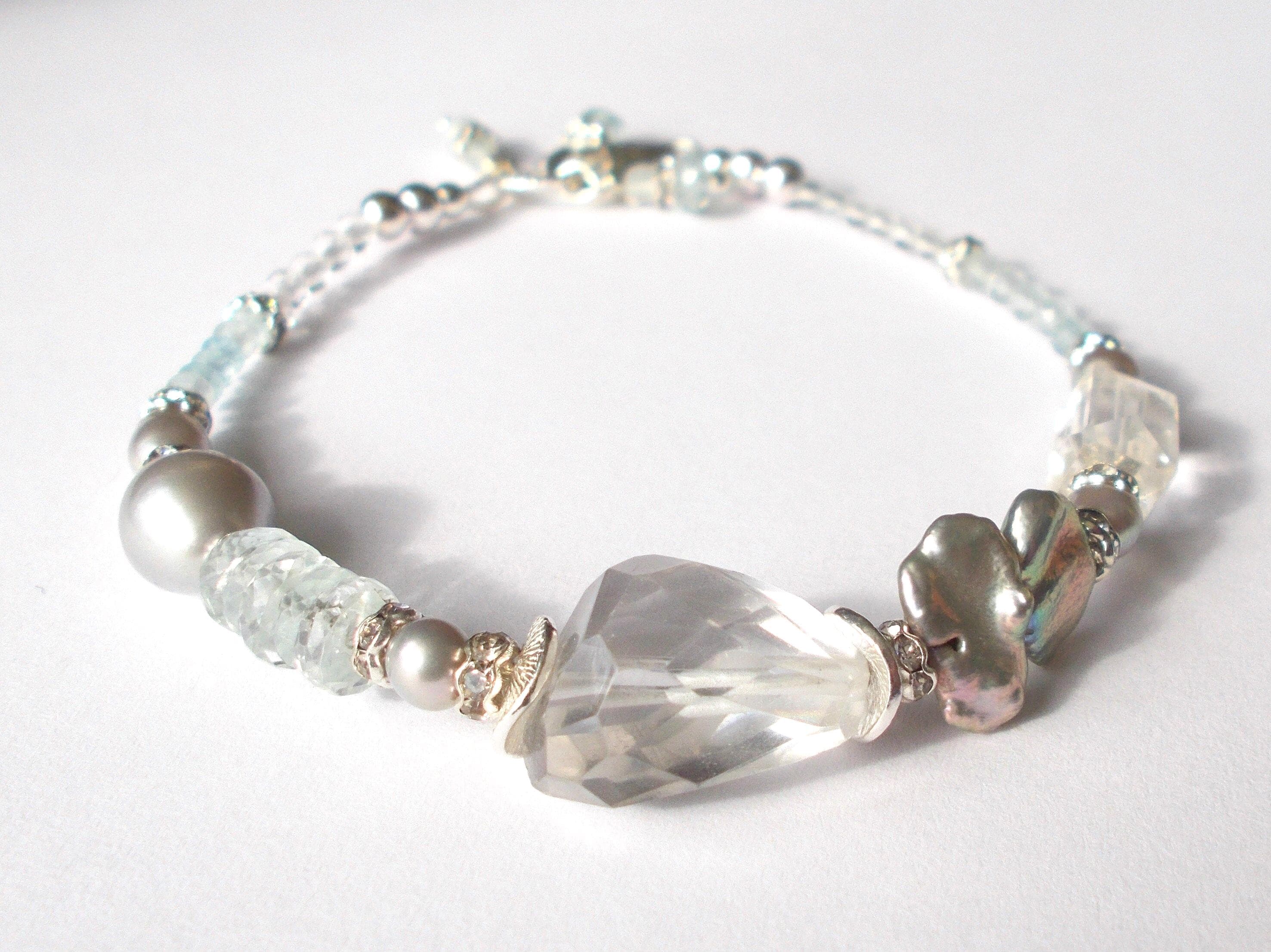 Aquamarine & Rock Crystal Bracelet: Sterling Silver Pearl Gemstone Jewelry - image 5