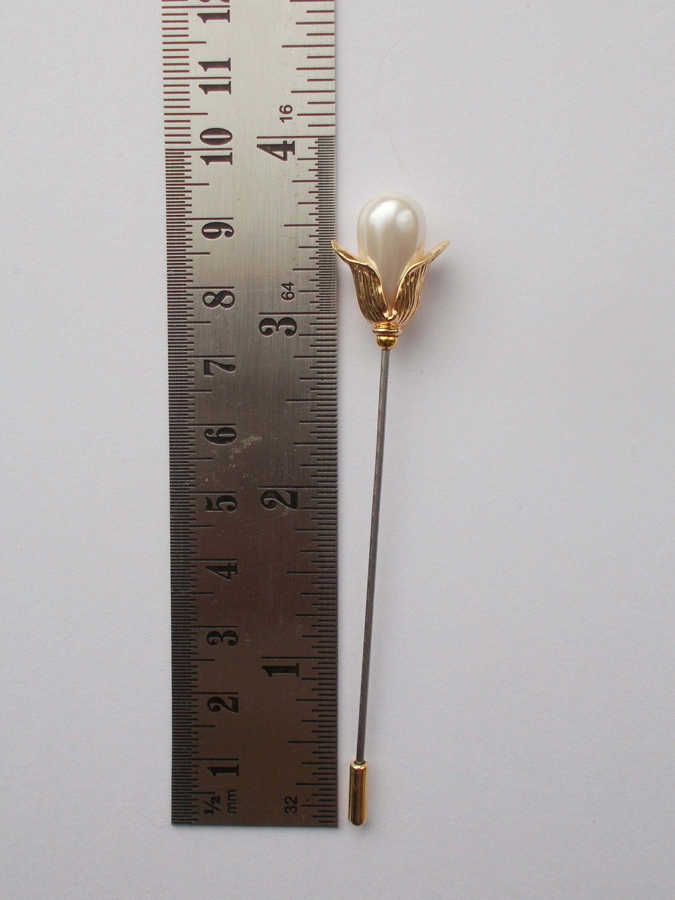 Veil Pin - 3.5 Inch Long Snowdrop Inspired White Faux Pearl Hat Pin/ Veil Pin/ Gold Findings - Handmade 1mm or 1.2mm Diameter Steel Hat Pins - image 5